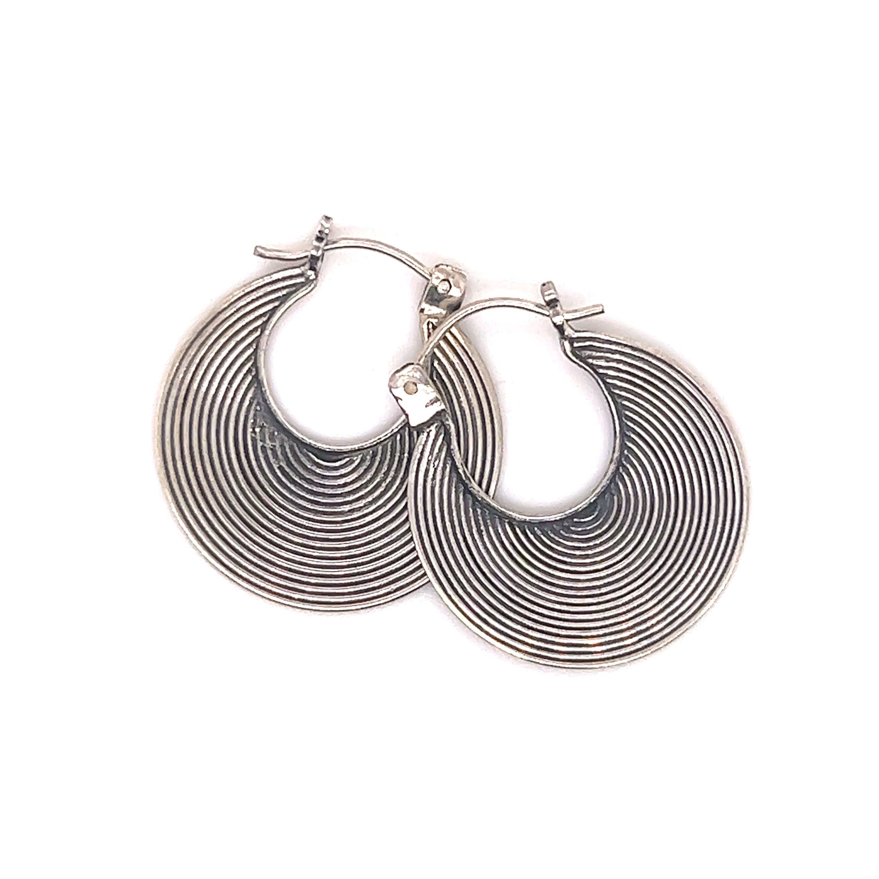 A pair of Super Silver Textured Flat Bali Hoops on a white background.