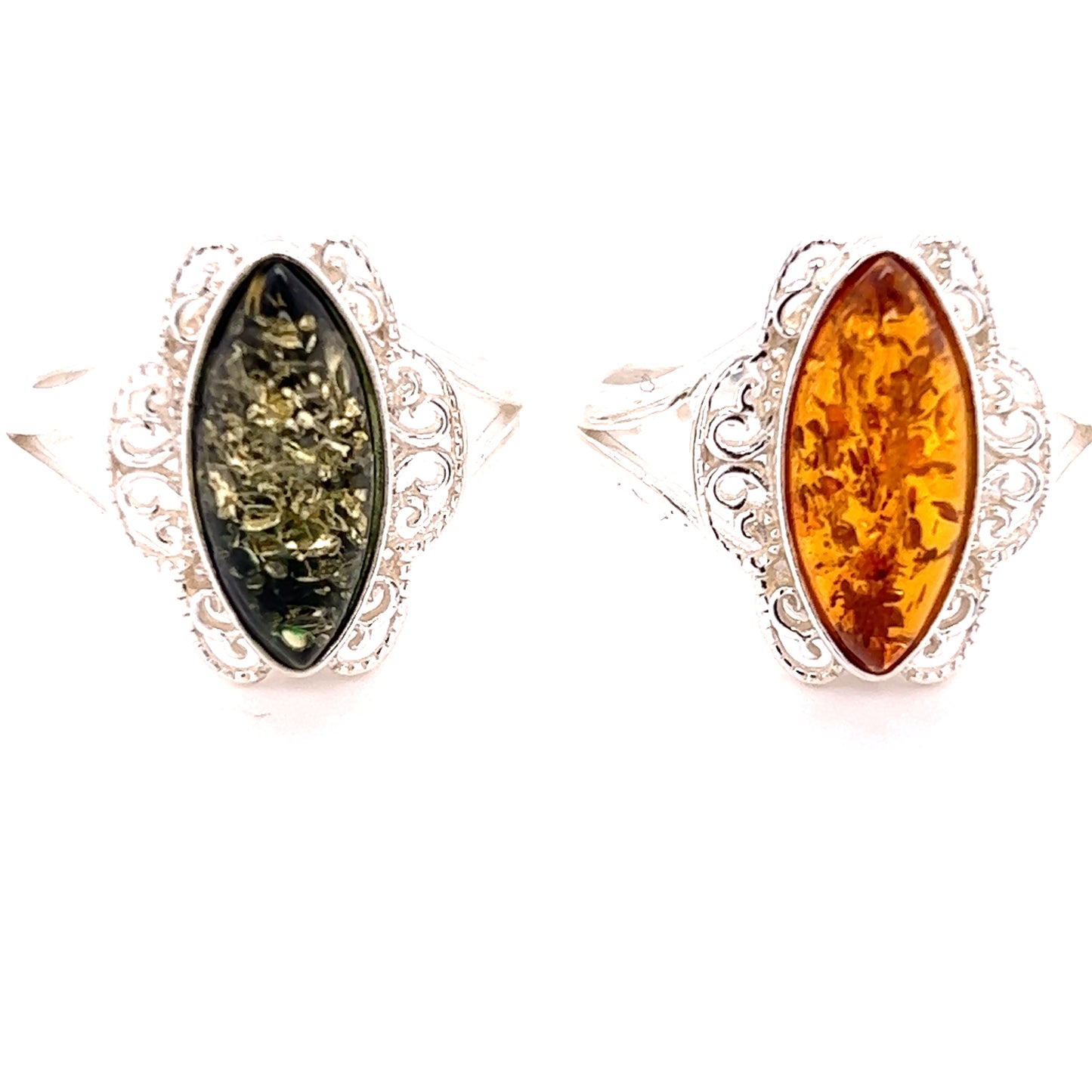 Two silver rings featuring marquise-cut gemstones, one with a greenish stone and the other with an orange Baltic amber stone, both set in intricate Filigree Marquise Shaped Adjustable Amber Rings.