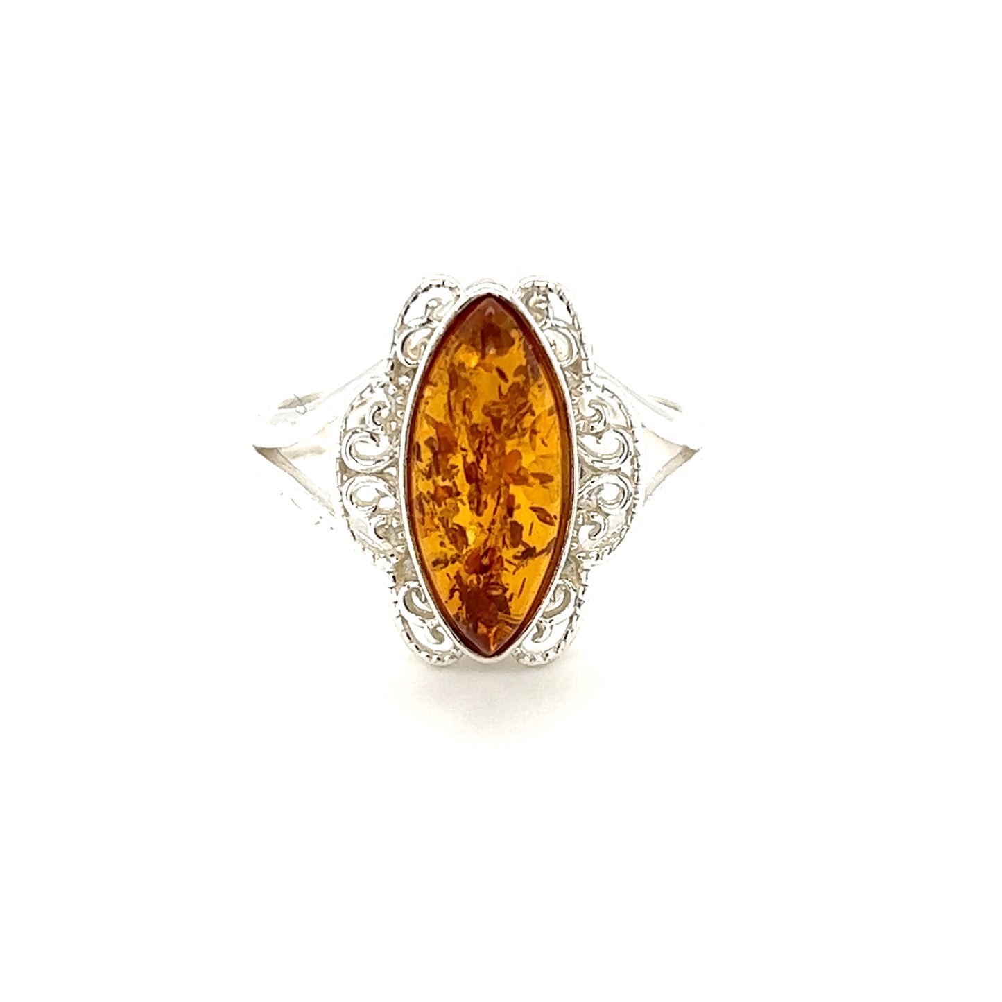 A Filigree Marquise Shaped Adjustable Amber Ring displayed against a white background.