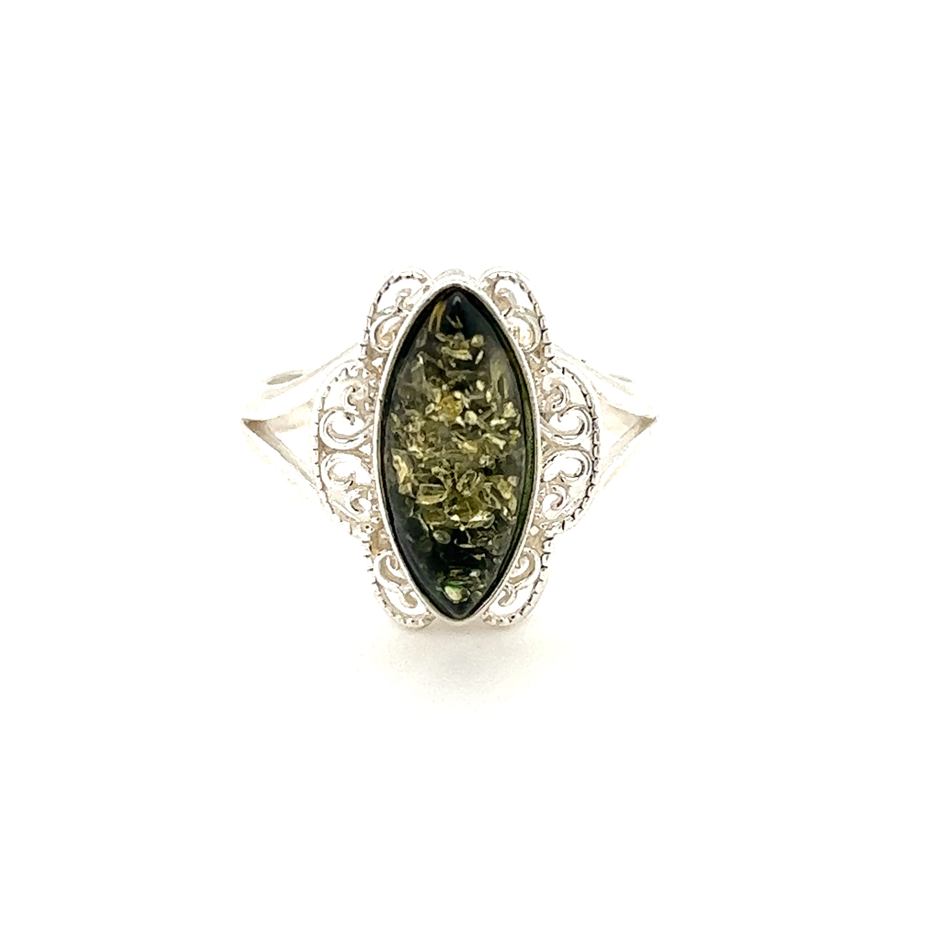 An elegant silver ring featuring a marquise-cut green gemstone encased in an intricate Filigree Marquise Shaped Adjustable Amber Ring with vintage charm.