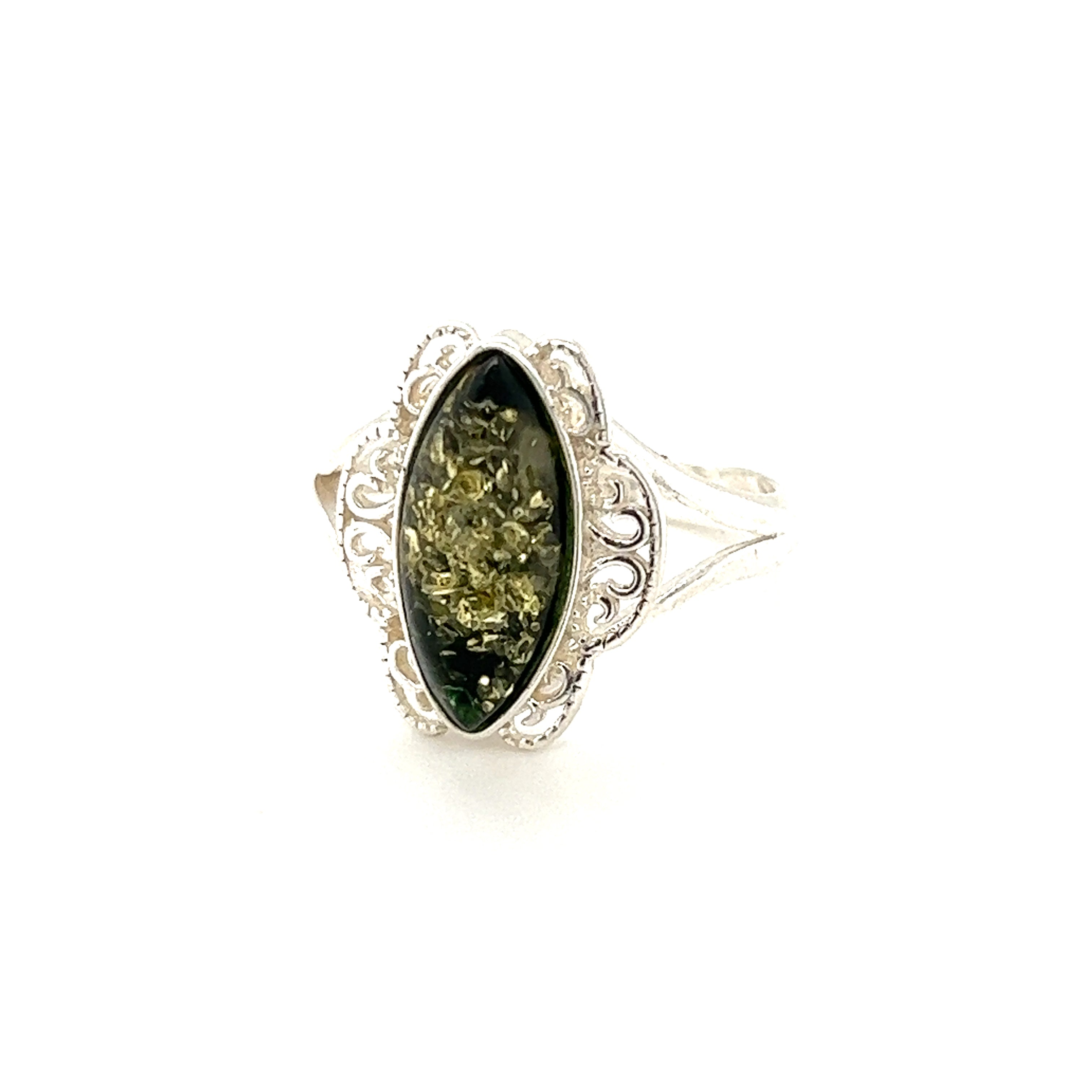 Filigree Marquise Shaped Adjustable Amber Ring with an elongated, marquise-cut Baltic amber stone surrounded by small clear crystals, displayed against a white background.