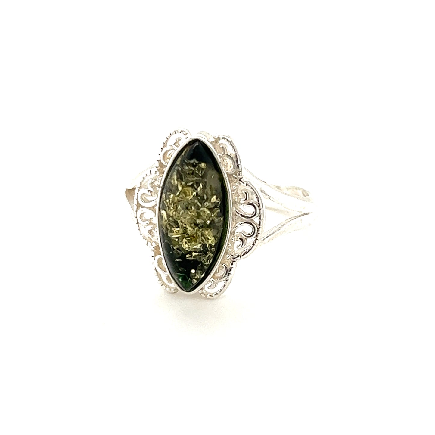 
                  
                    Filigree Marquise Shaped Adjustable Amber Ring with an elongated, marquise-cut Baltic amber stone surrounded by small clear crystals, displayed against a white background.
                  
                