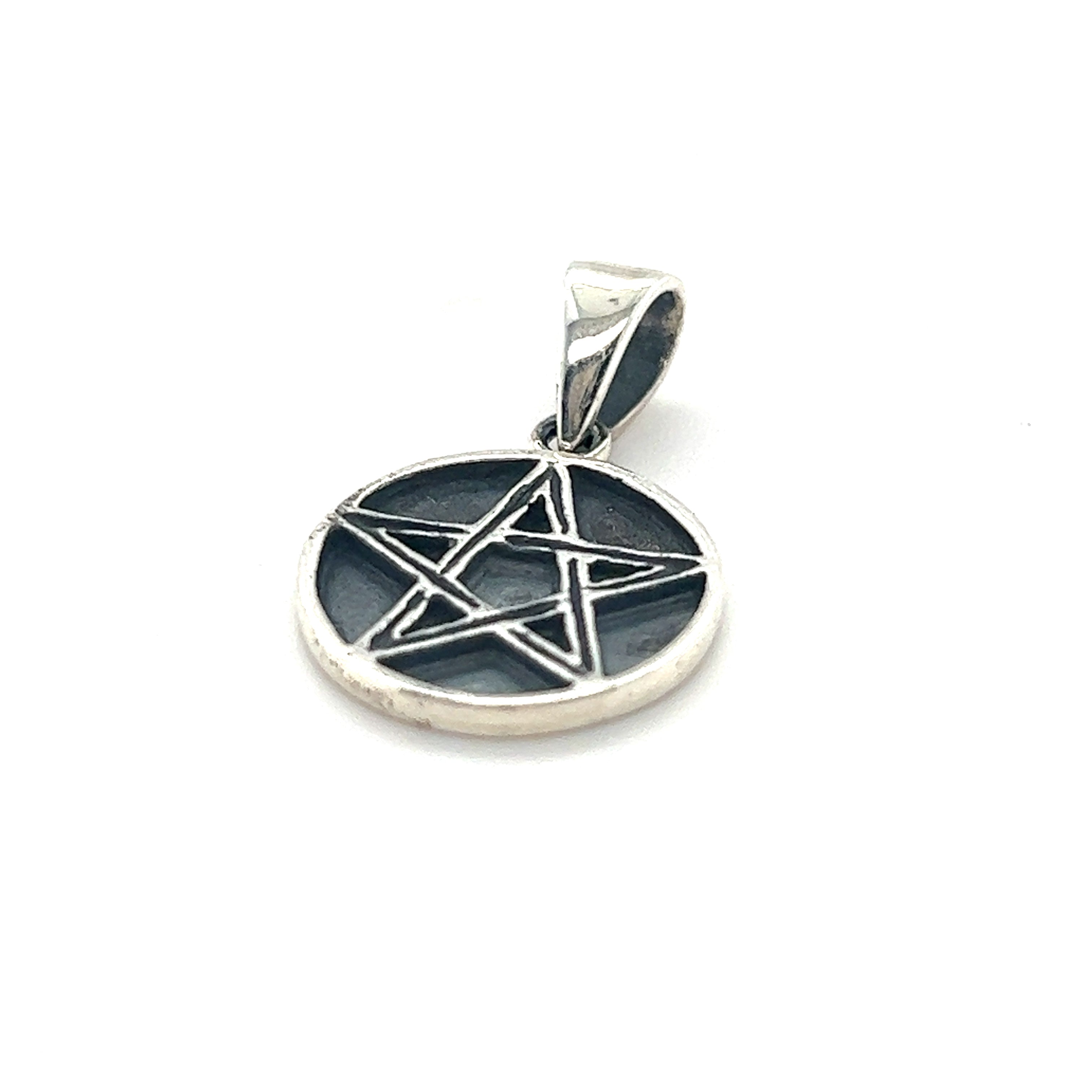 An antique Bewitching Delicate Pentagram Pendant with mystical detailing on a white background by Super Silver.
