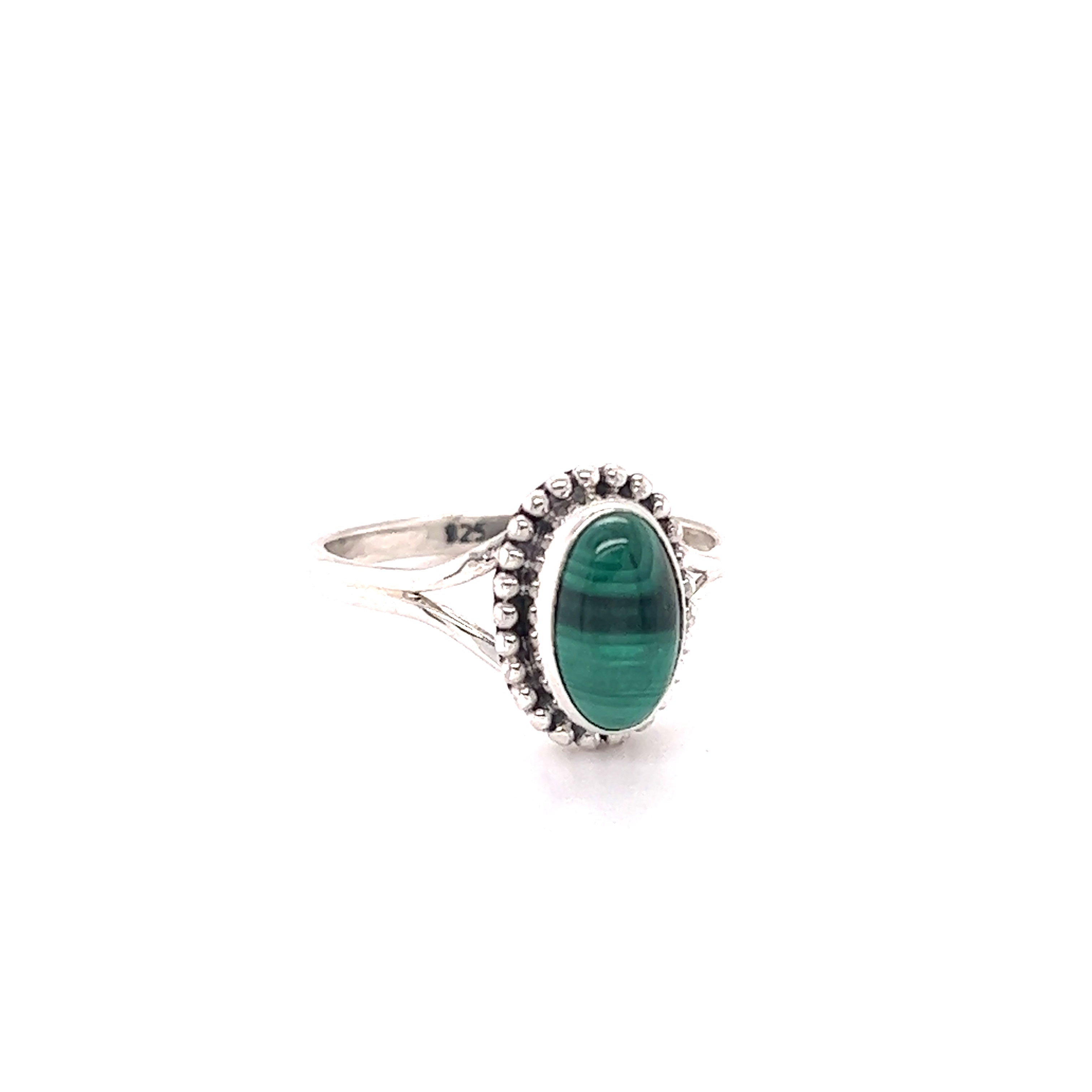 A Stylish Oval Gemstone Ring with Ball Border with a green malachite stone.
