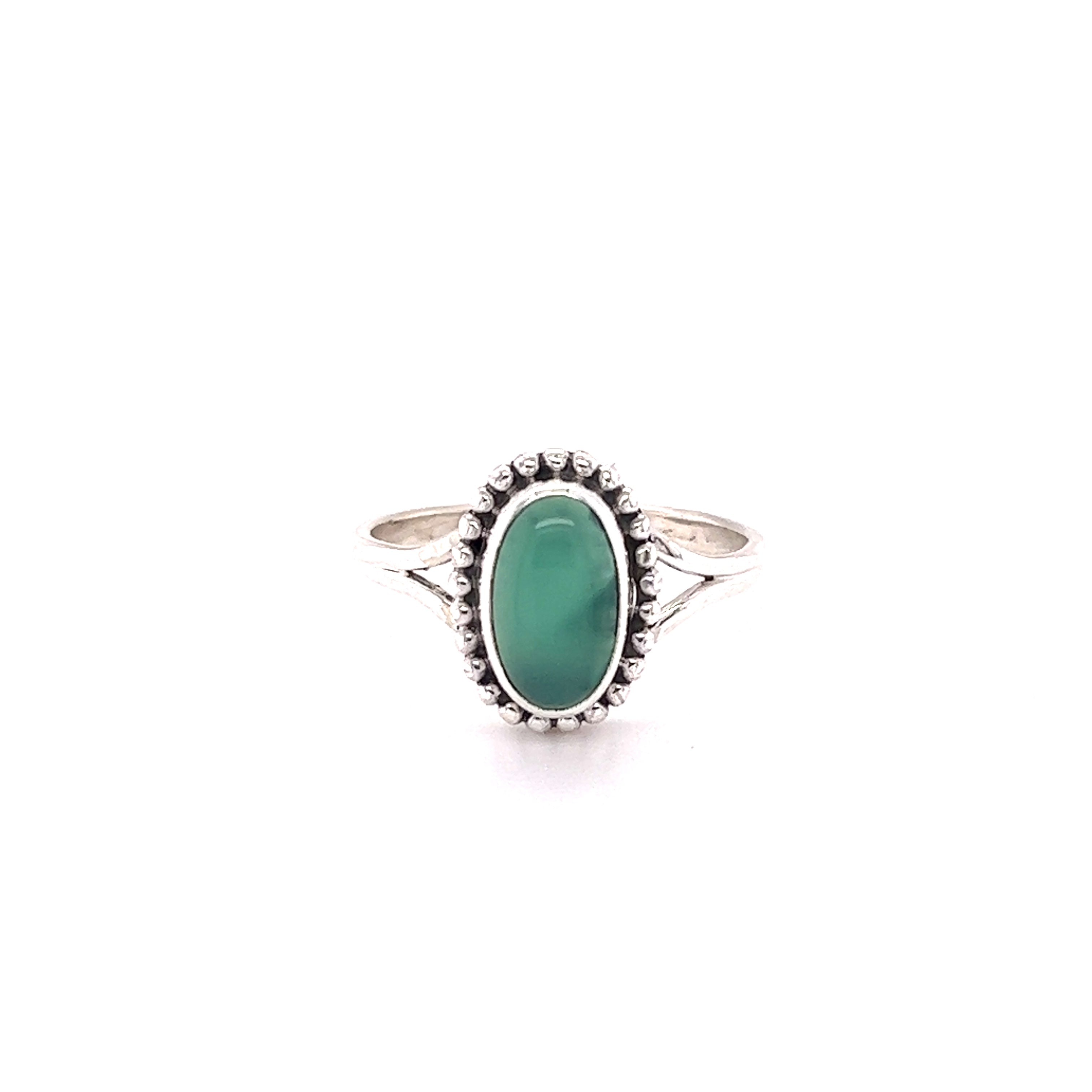 A Stylish Oval Gemstone Ring with Ball Border on a white background.