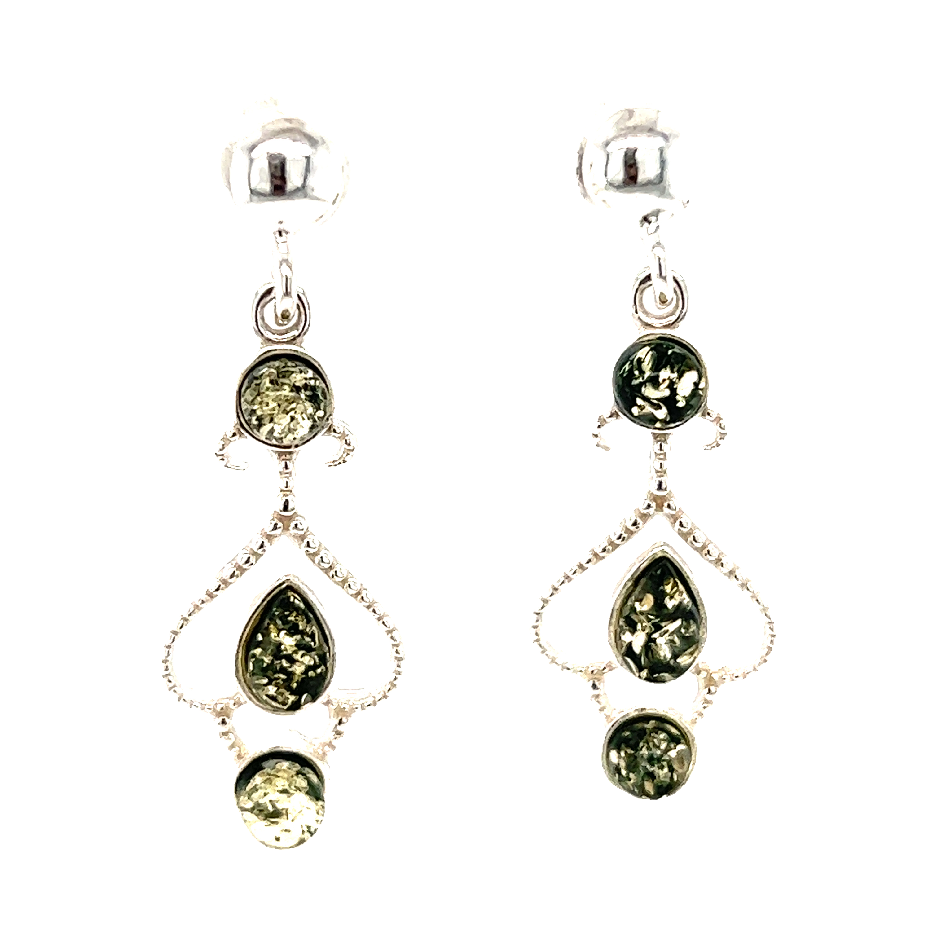 A pair of Super Silver Exquisite Baltic Amber Scroll Earrings with black and green stones.