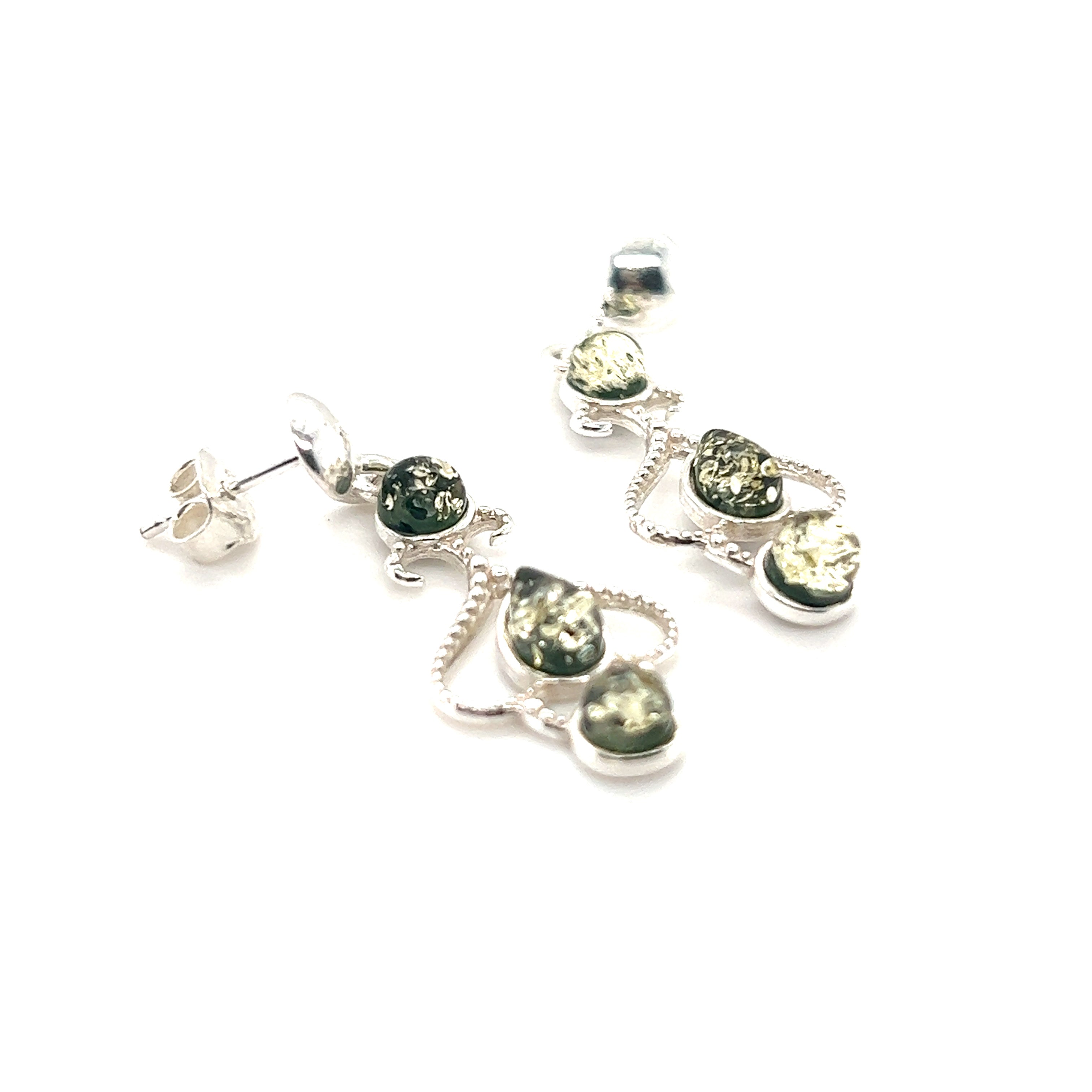 A pair of Super Silver Exquisite Baltic Amber Scroll Earrings with green stones.
