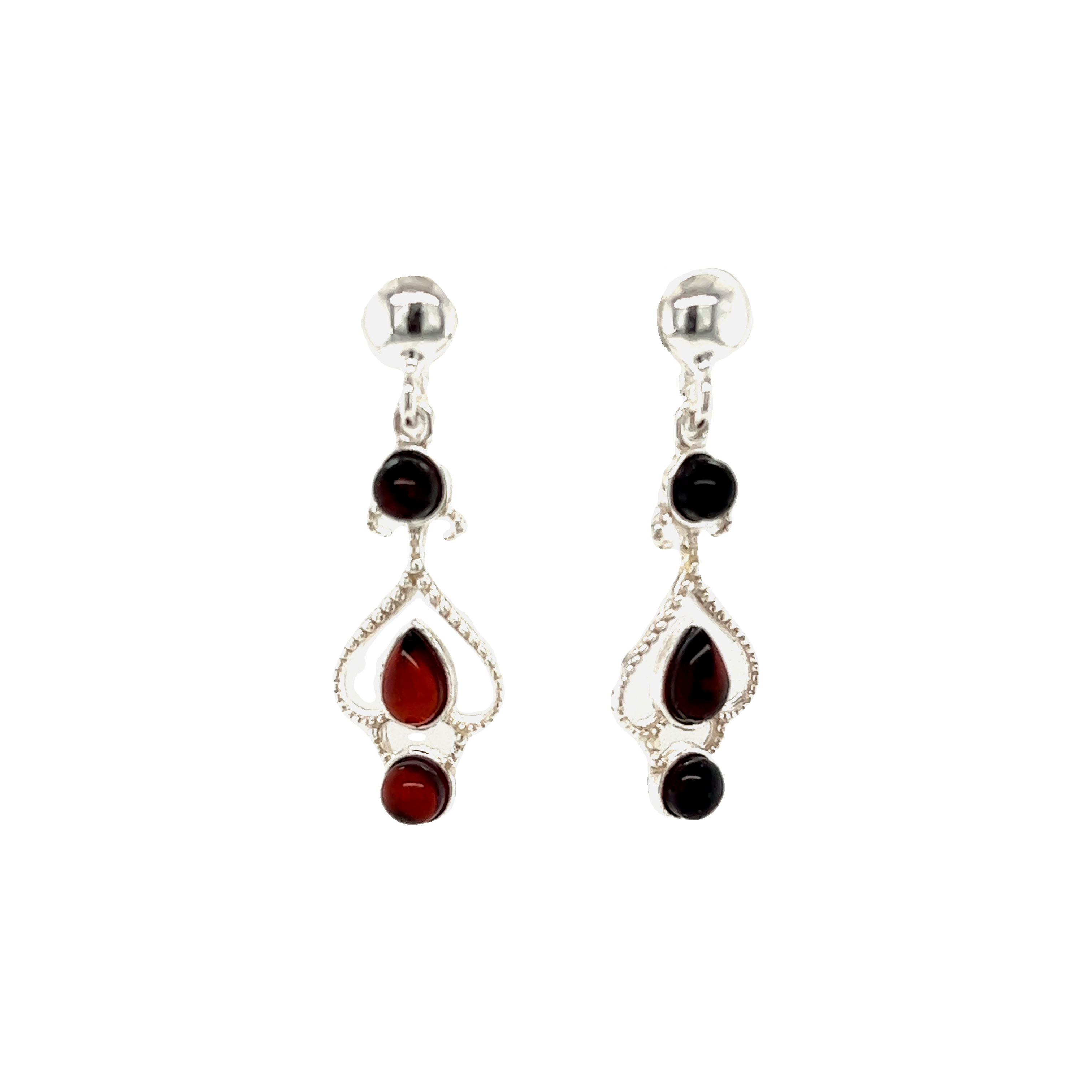 A pair of Exquisite Baltic Amber Scroll Earrings adorned with red and Baltic Amber stones by Super Silver.