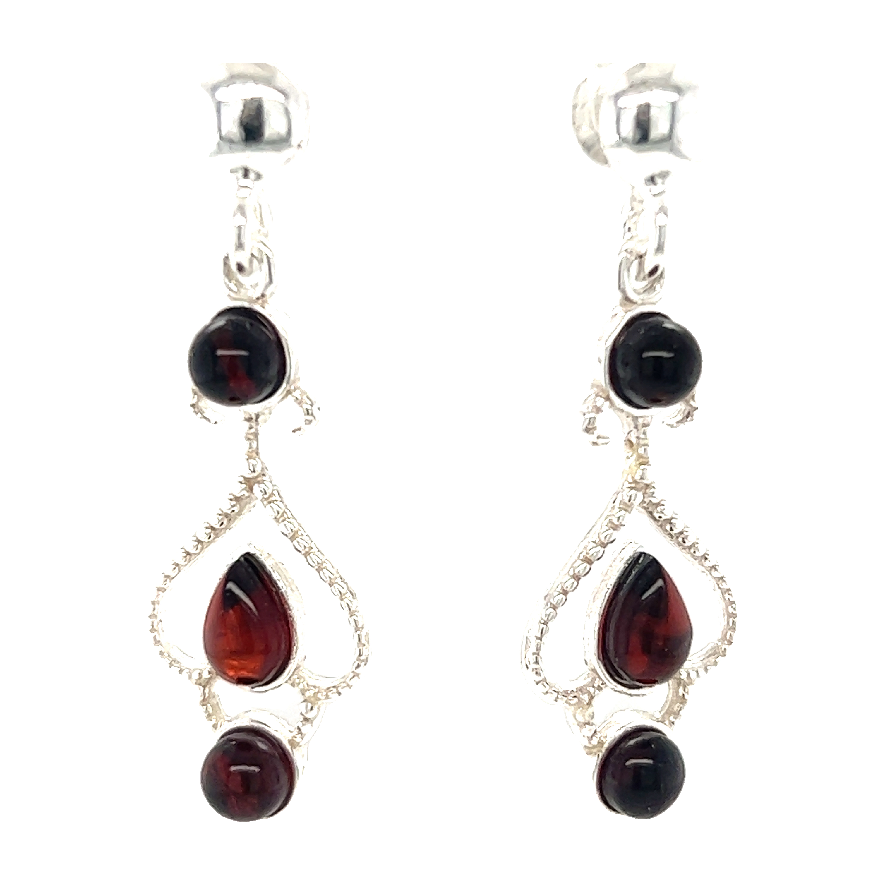A pair of Exquisite Baltic Amber Scroll Earrings with garnet stones from Super Silver.