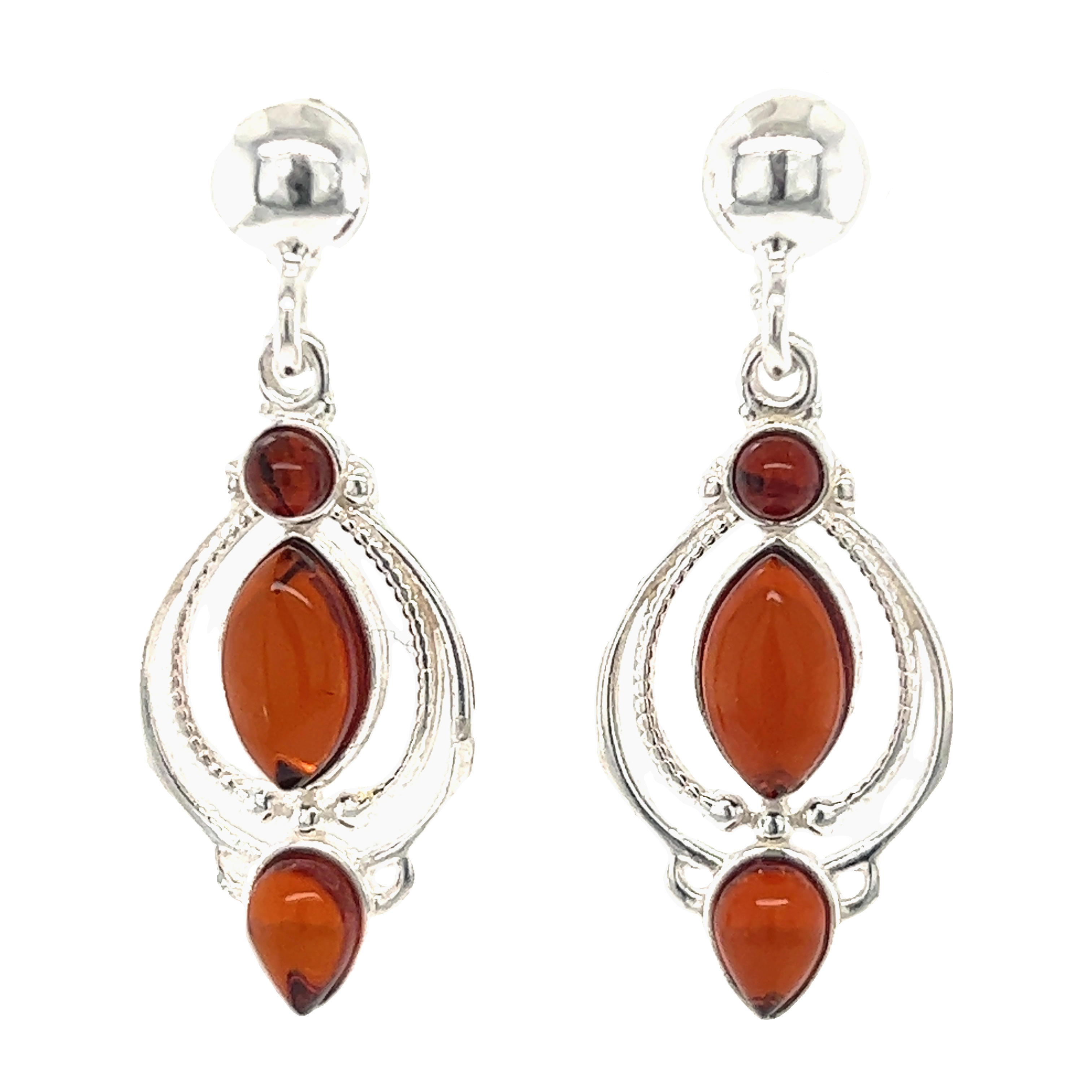 A pair of Fancy Marquise Shaped Baltic Amber Earrings by Super Silver, exuding vintage charm.