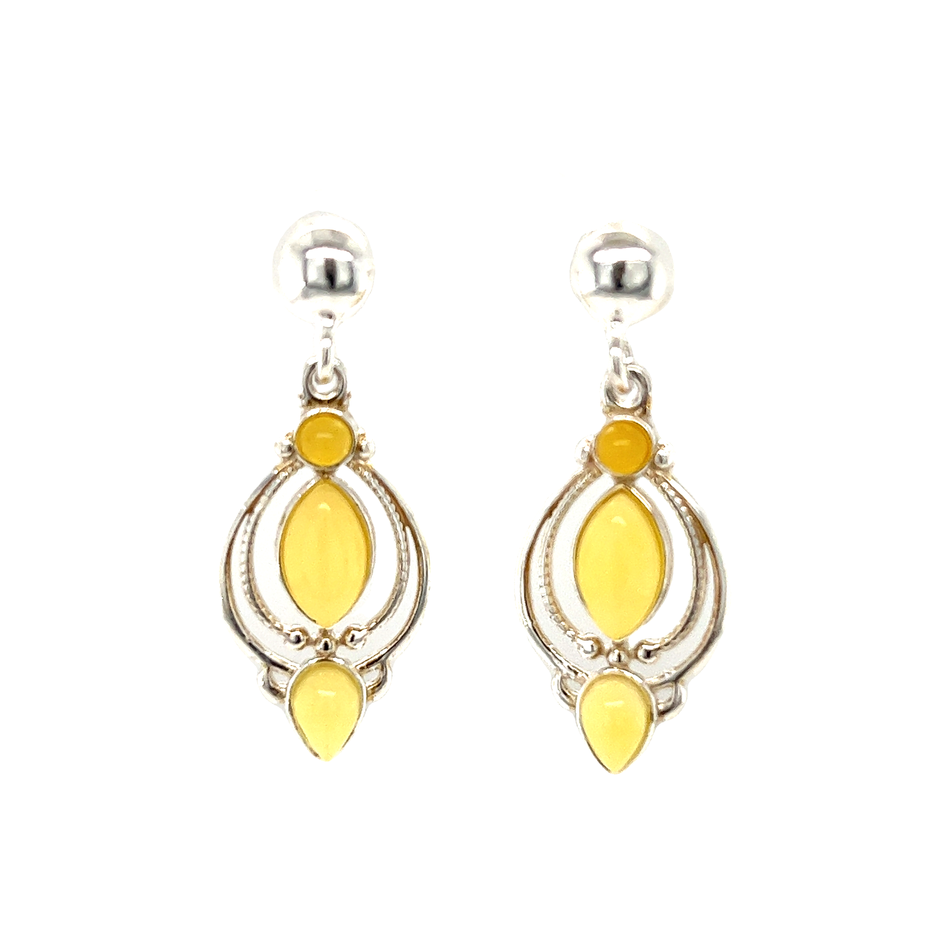 A pair of Super Silver Fancy Marquise Shaped Baltic Amber Earrings with Baltic amber accents, crafted in yellow and silver.