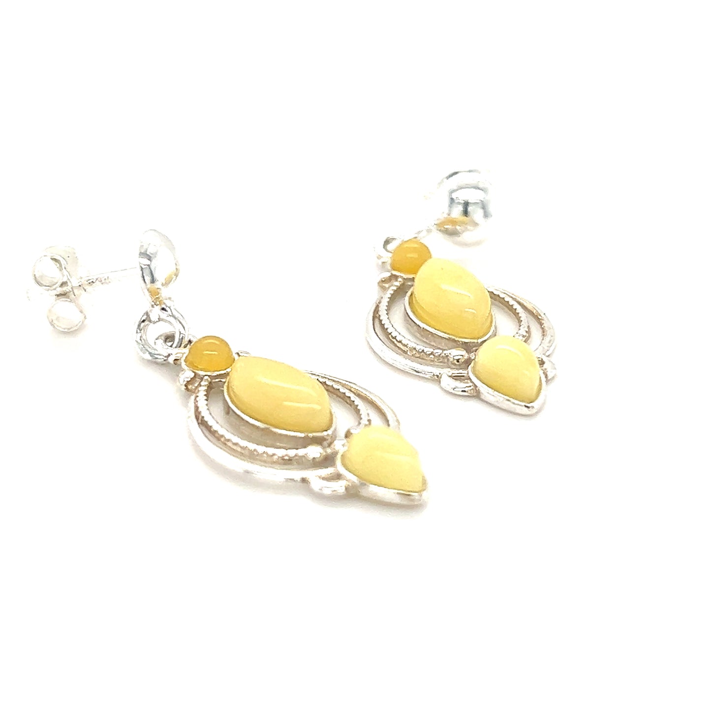 
                  
                    A pair of Super Silver Fancy Marquise Shaped Baltic Amber Earrings on a white background.
                  
                