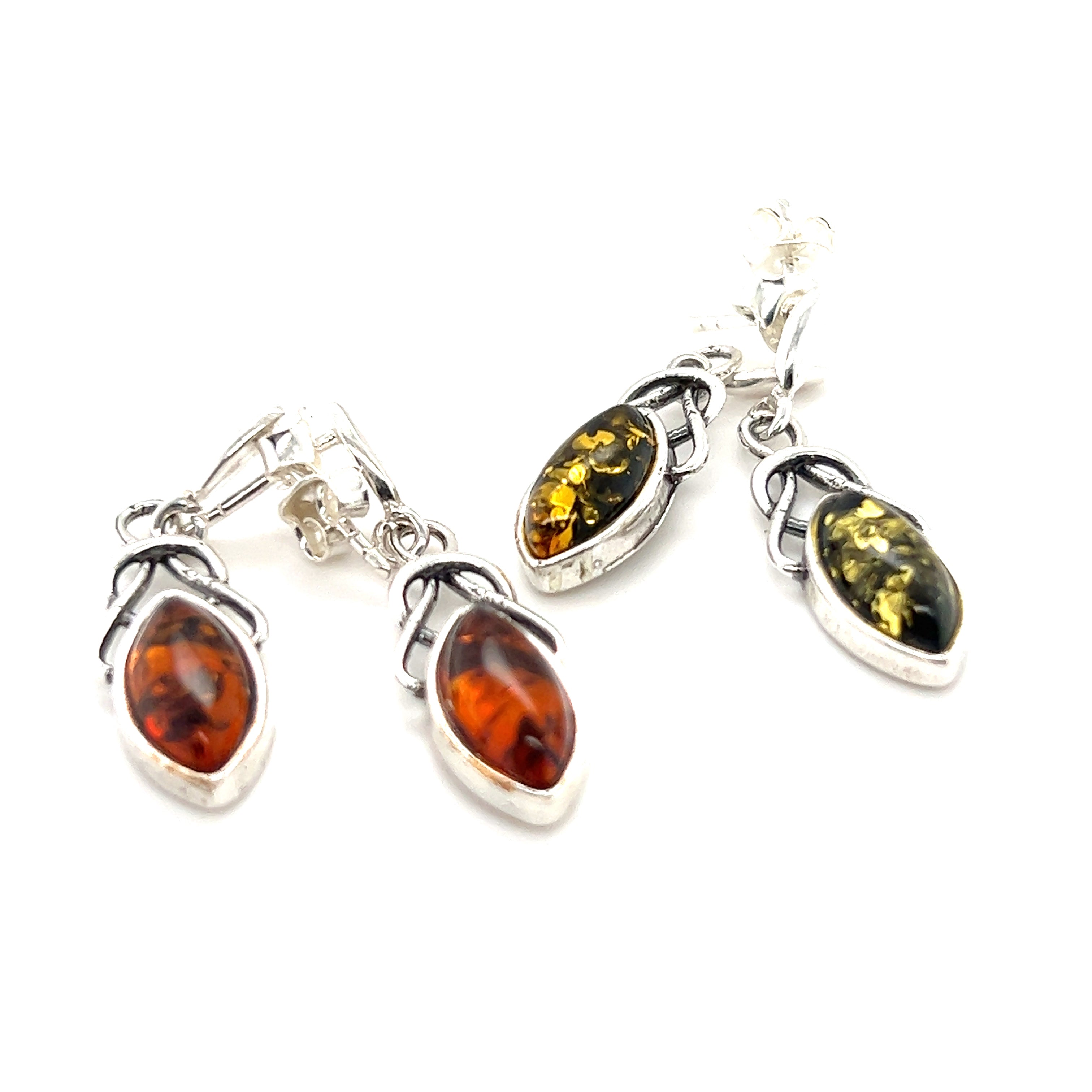 Beautiful Timeless Marquis Shaped Baltic Amber earrings featuring amber stones and intricate Super Silver work.