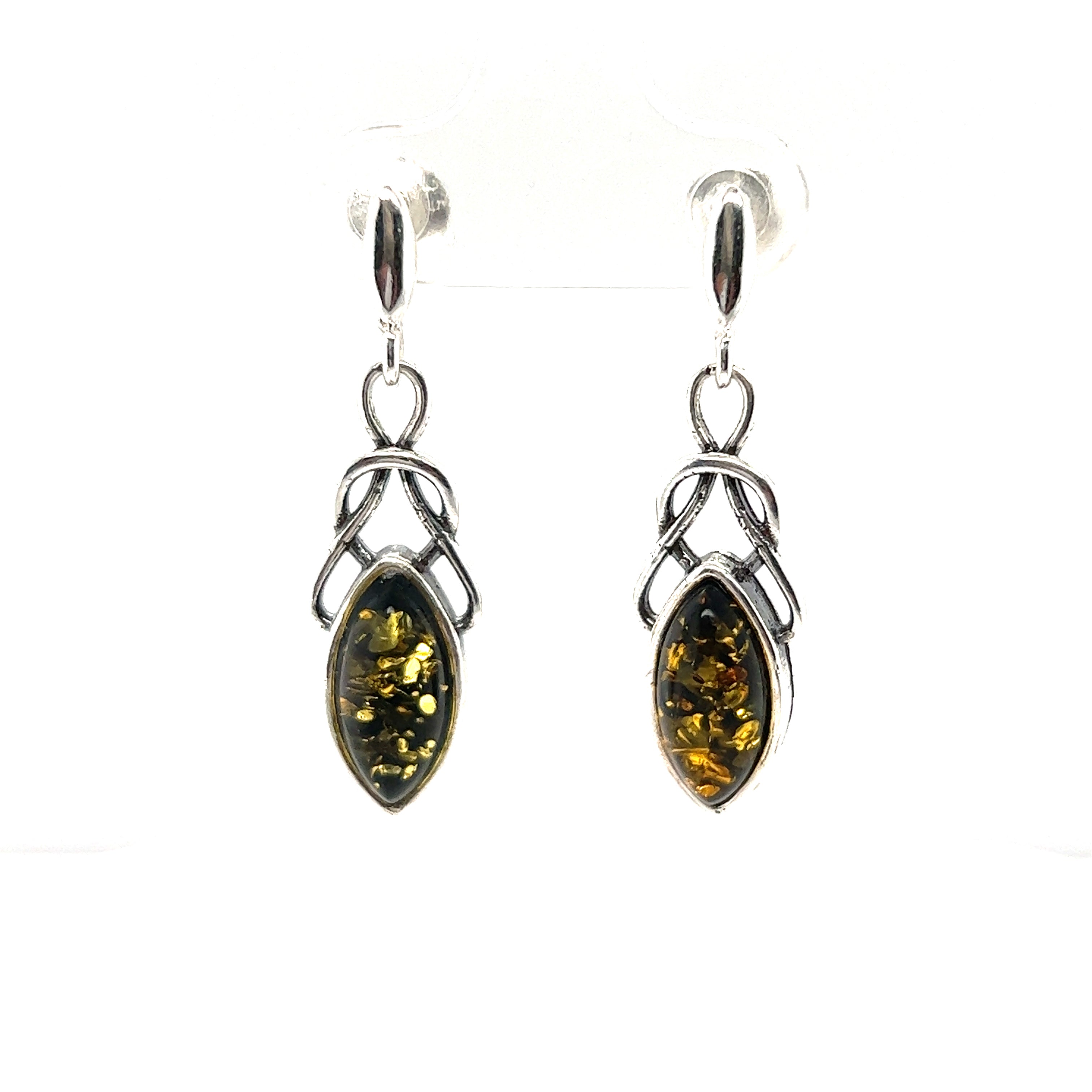 Super Silver's Timeless Marquis Shaped Baltic Amber Earrings featuring exquisite silver work.
