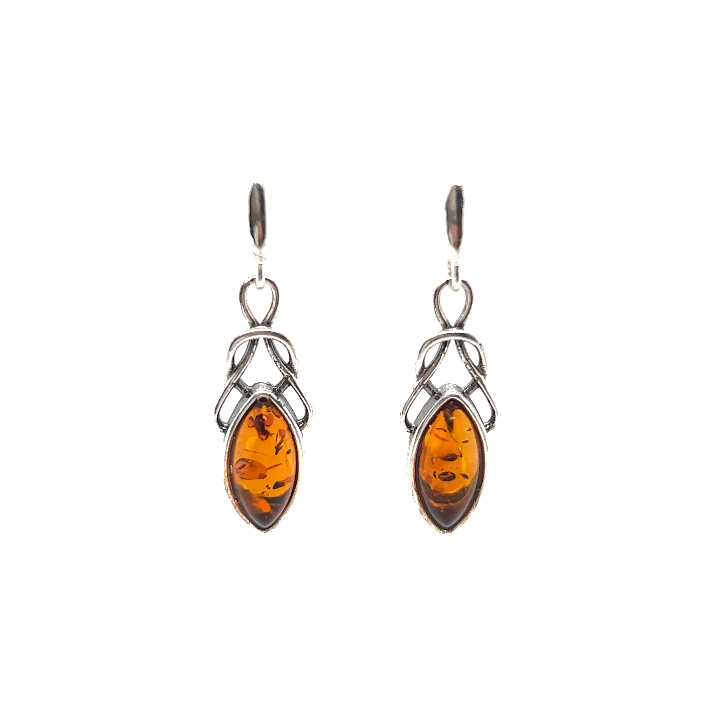 Beautiful Timeless Marquis Shaped Baltic Amber Earrings showcasing exquisite Super Silver work and featuring stunning amber stones.