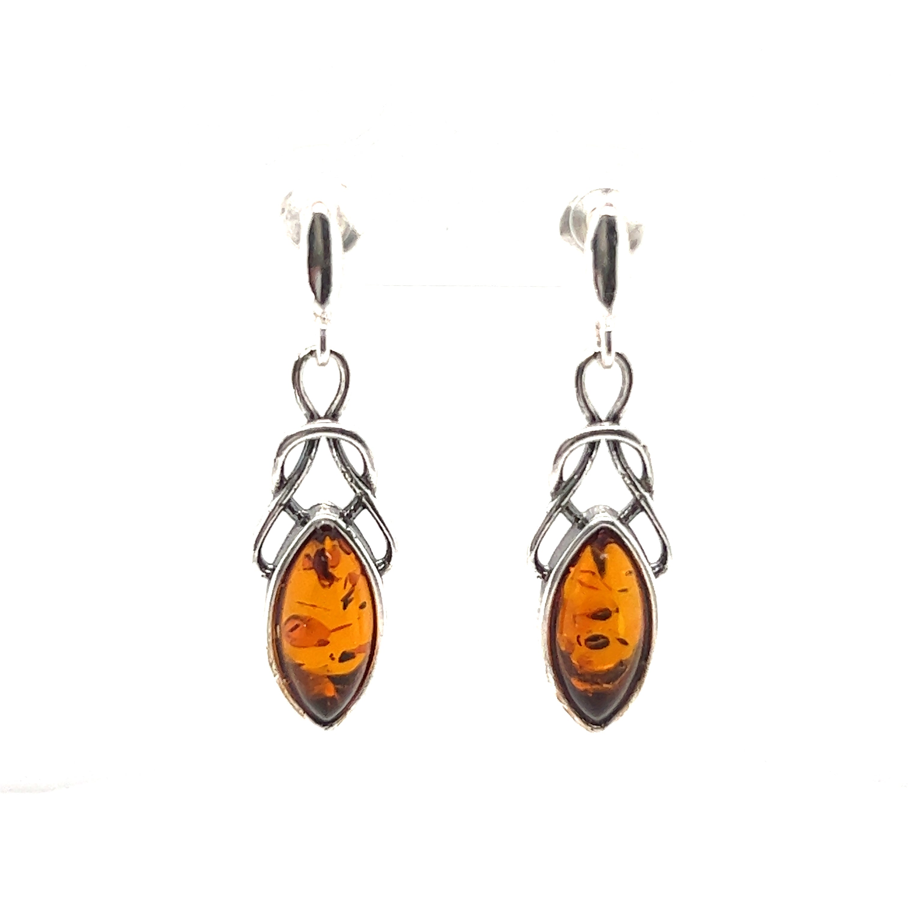Super Silver's Timeless Marquis Shaped Baltic Amber Earrings, showcasing exquisite silver work.