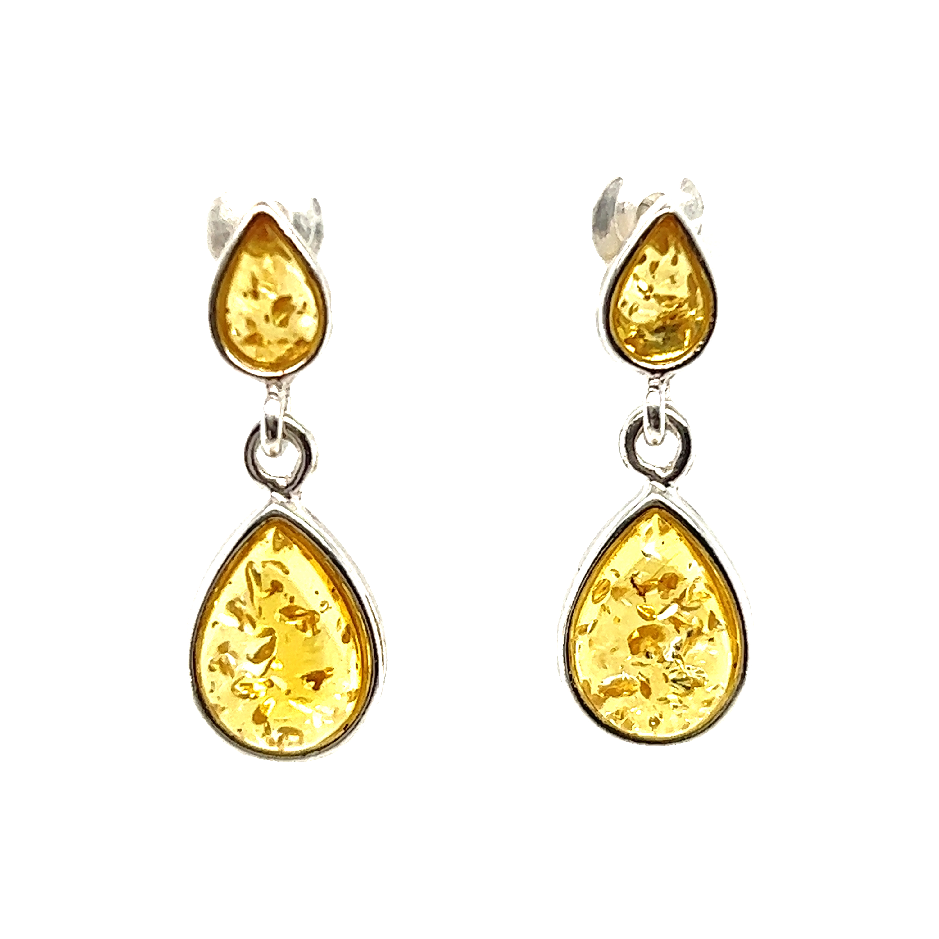 A pair of Super Silver Double Teardrop Baltic Amber Earrings.