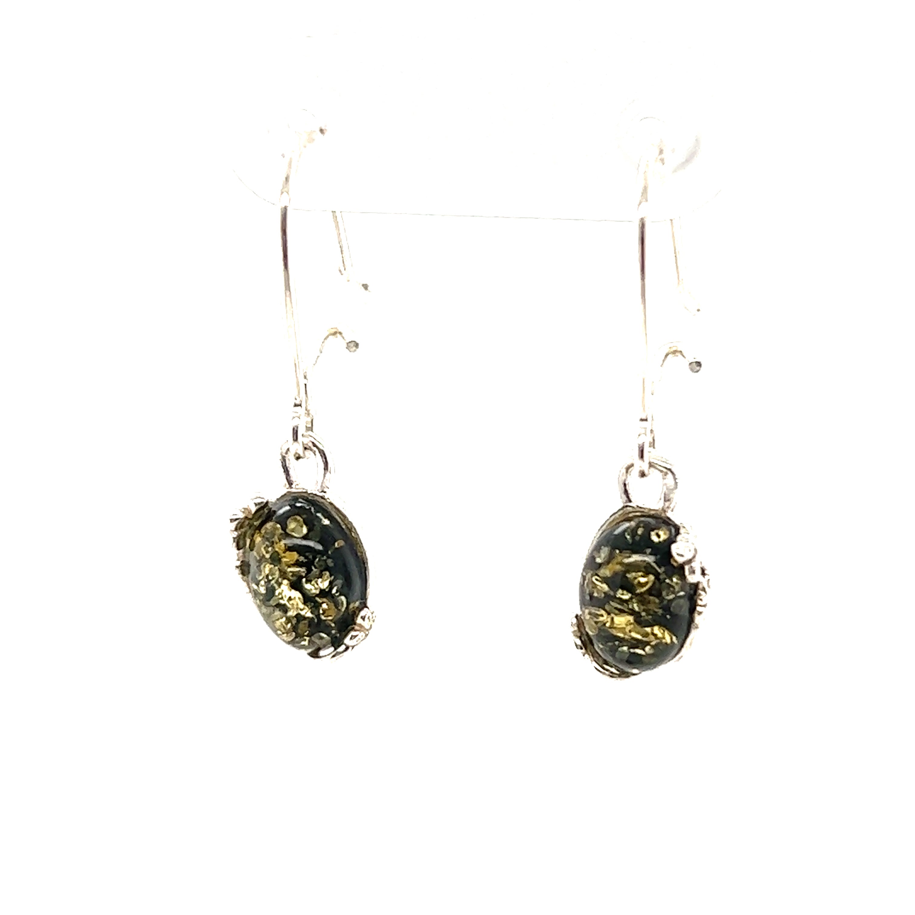 A pair of Super Silver Tiny Glowing Oval Amber Earrings showcasing natural elegance with black and yellow stones.