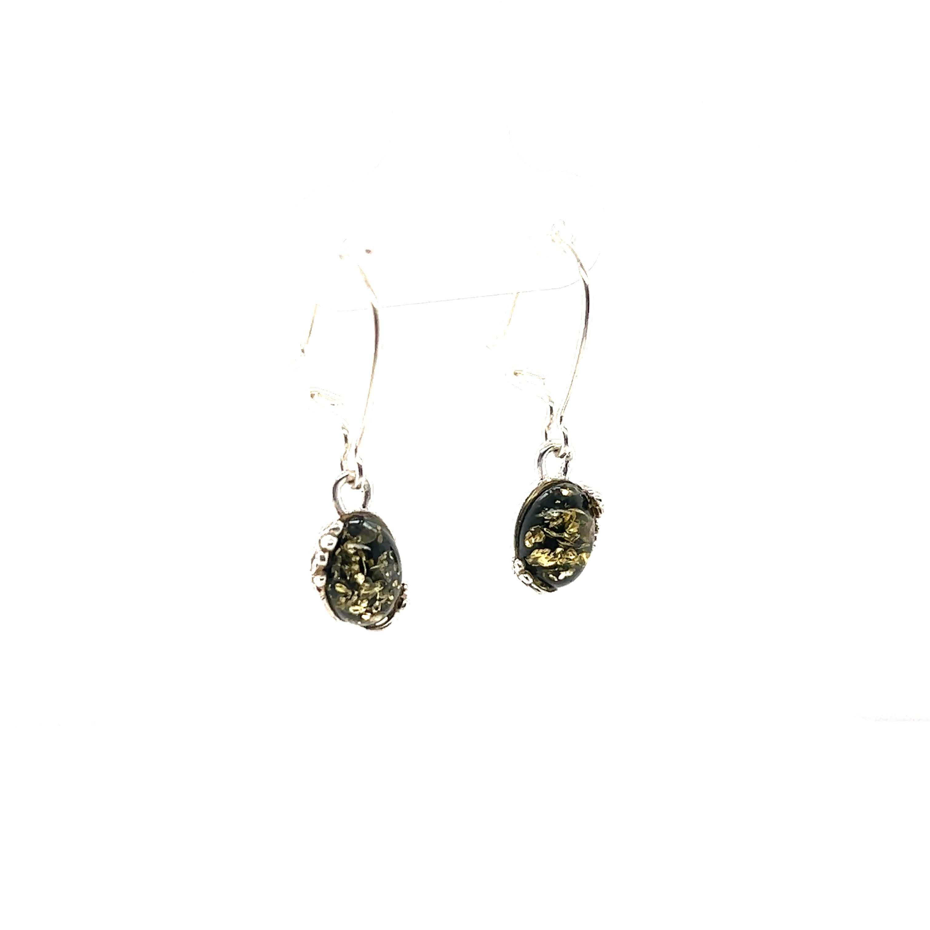 A pair of Tiny Glowing Oval Amber Earrings by Super Silver, with natural elegance featuring black and yellow stones.