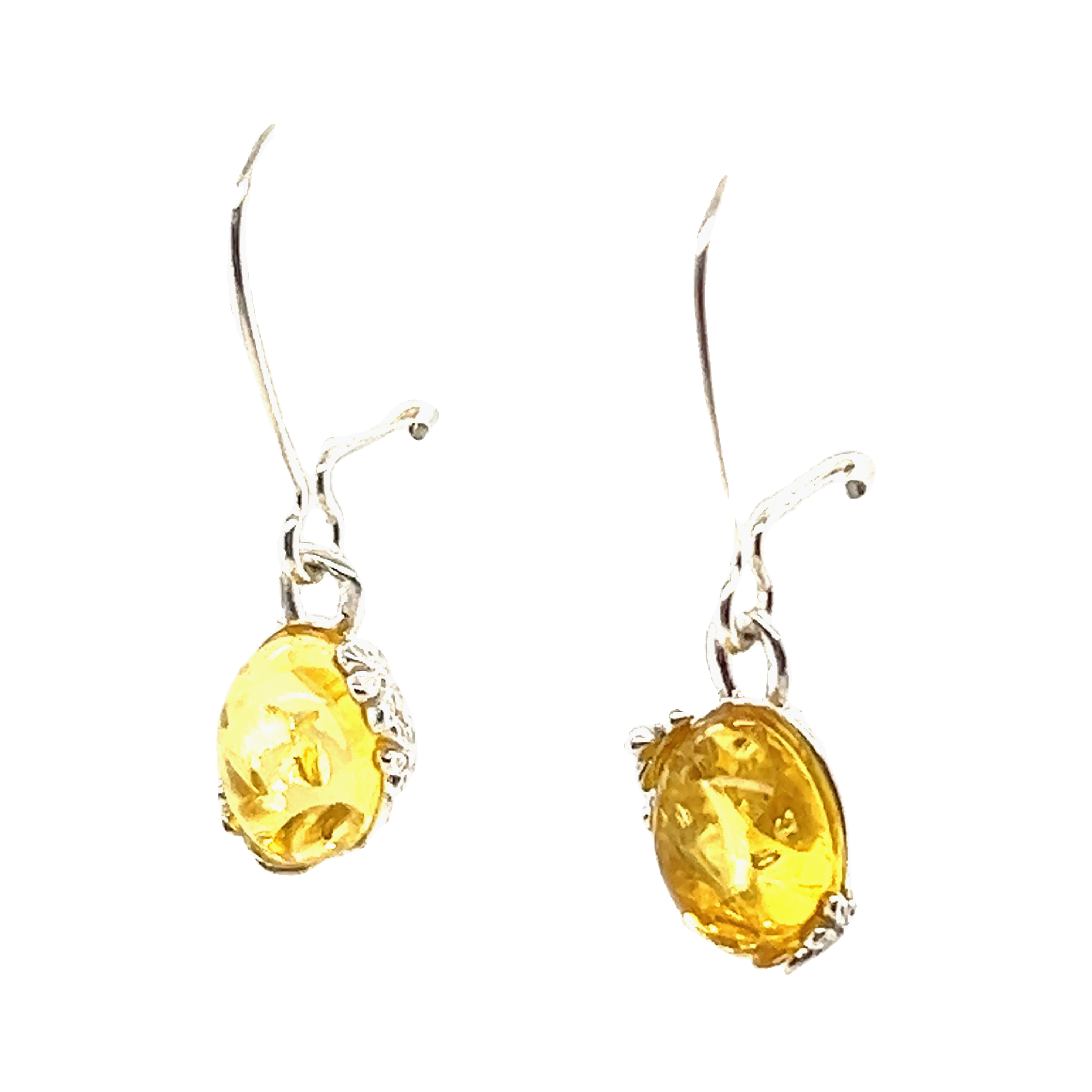 A pair of Tiny Glowing Oval Amber Earrings crafted in sterling silver, exuding natural elegance with their mesmerizing yellow amber stones by Super Silver.