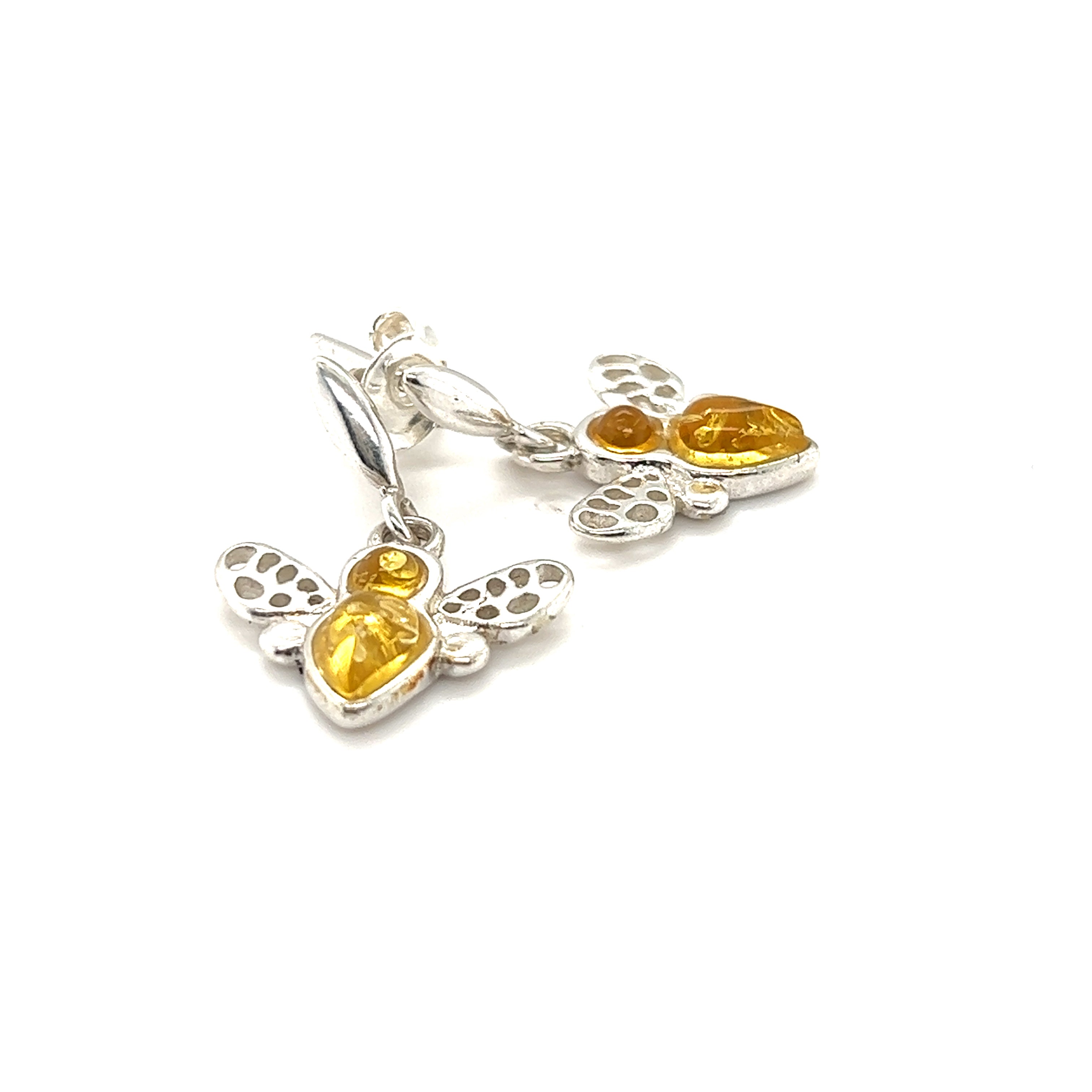 A pair of Cute Amber Bee Earrings with Baltic amber crystals by Super Silver.