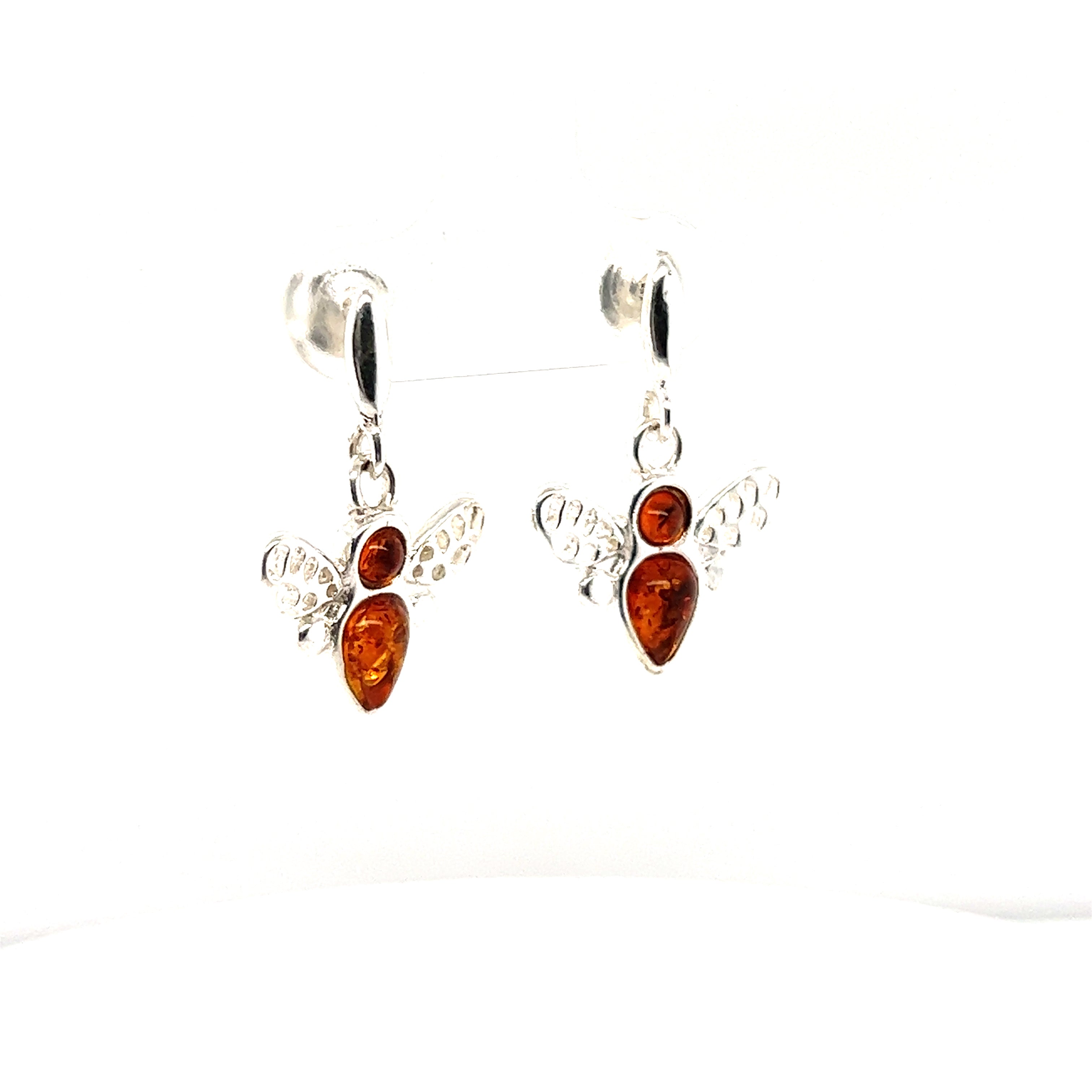 Super Silver Cute Amber Bee Earrings featuring stunningly detailed bees crafted from genuine Baltic amber.