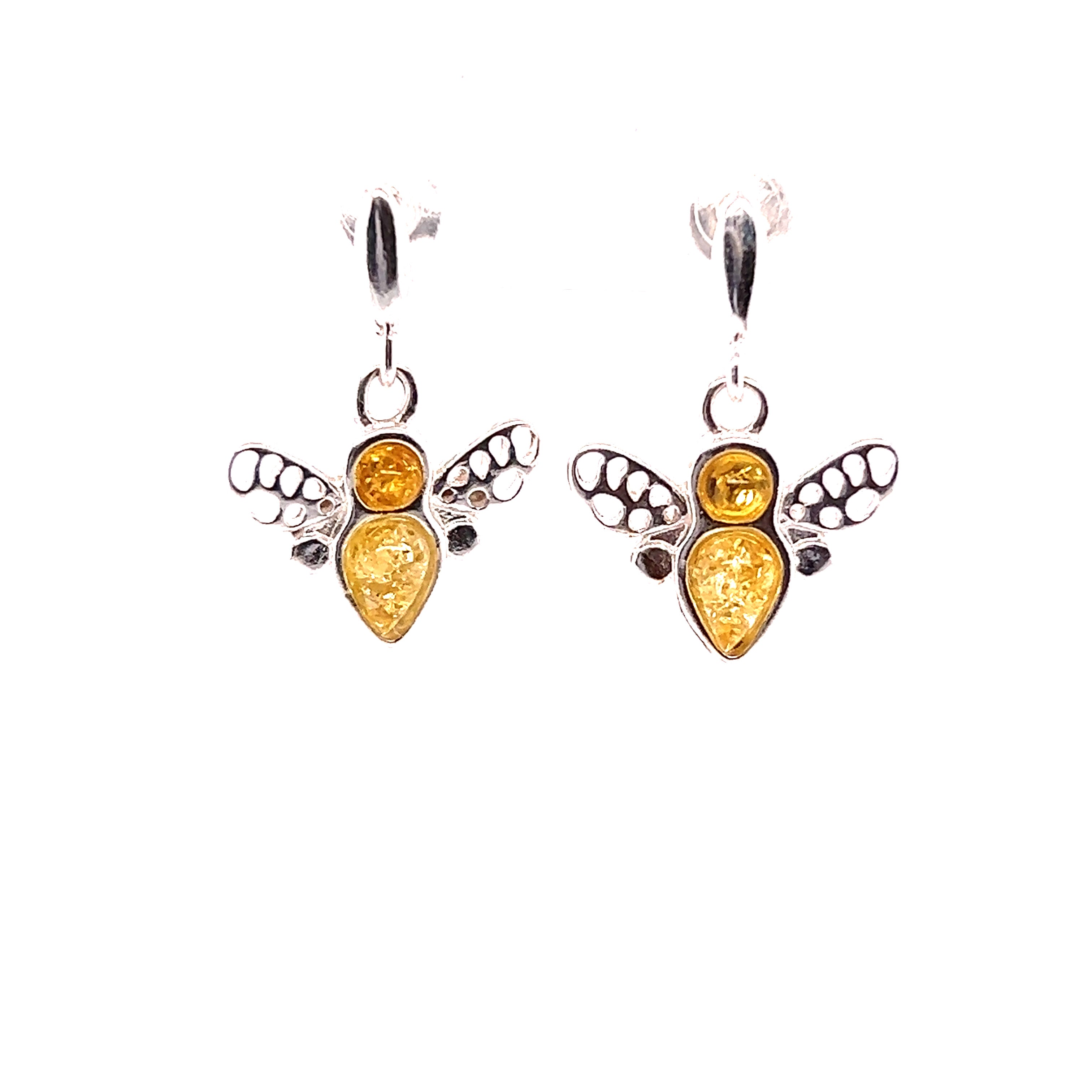 A pair of Cute Amber Bee Earrings made with Baltic amber on a white background, by Super Silver.