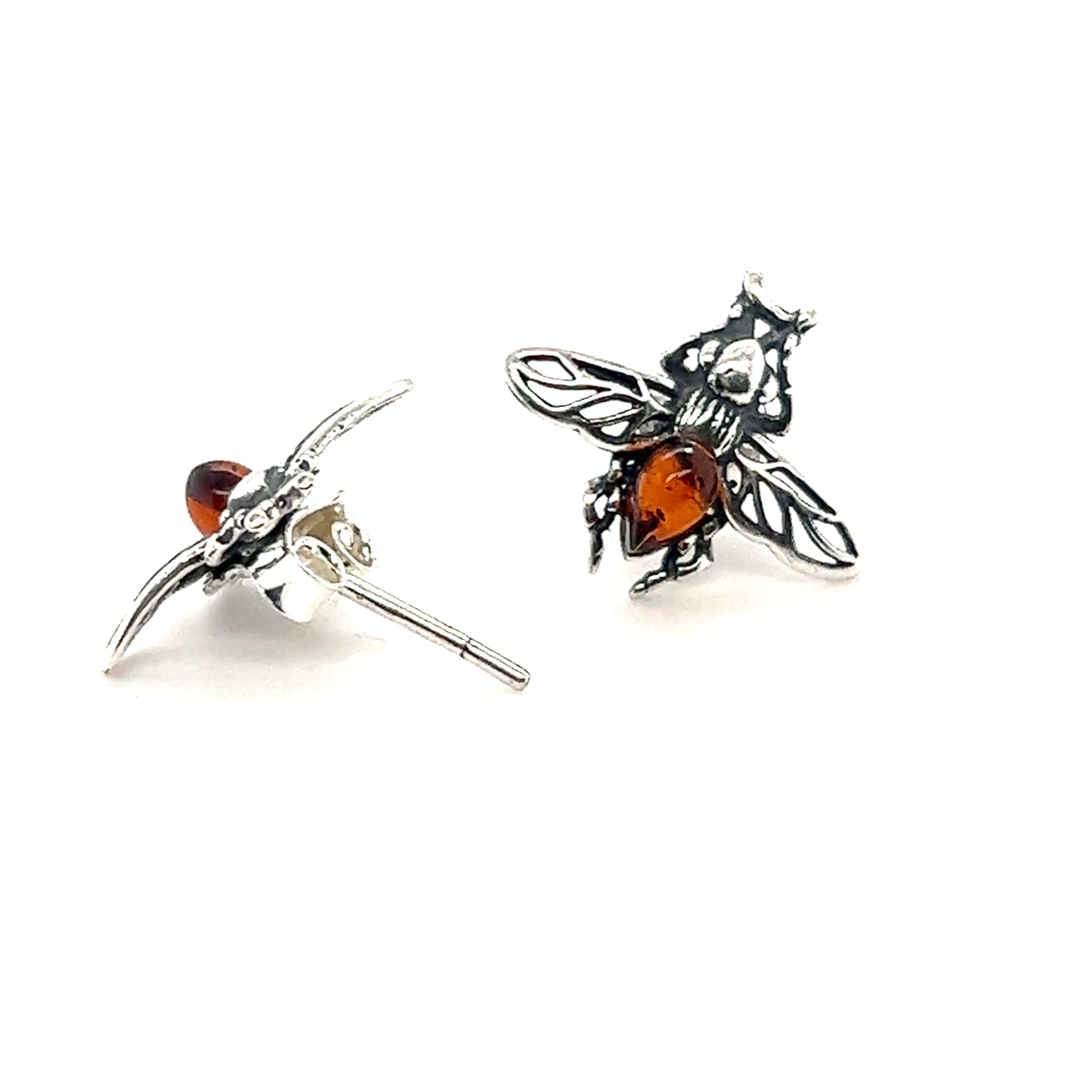 A pair of Super Silver Detailed Baltic Amber Bee Studs.