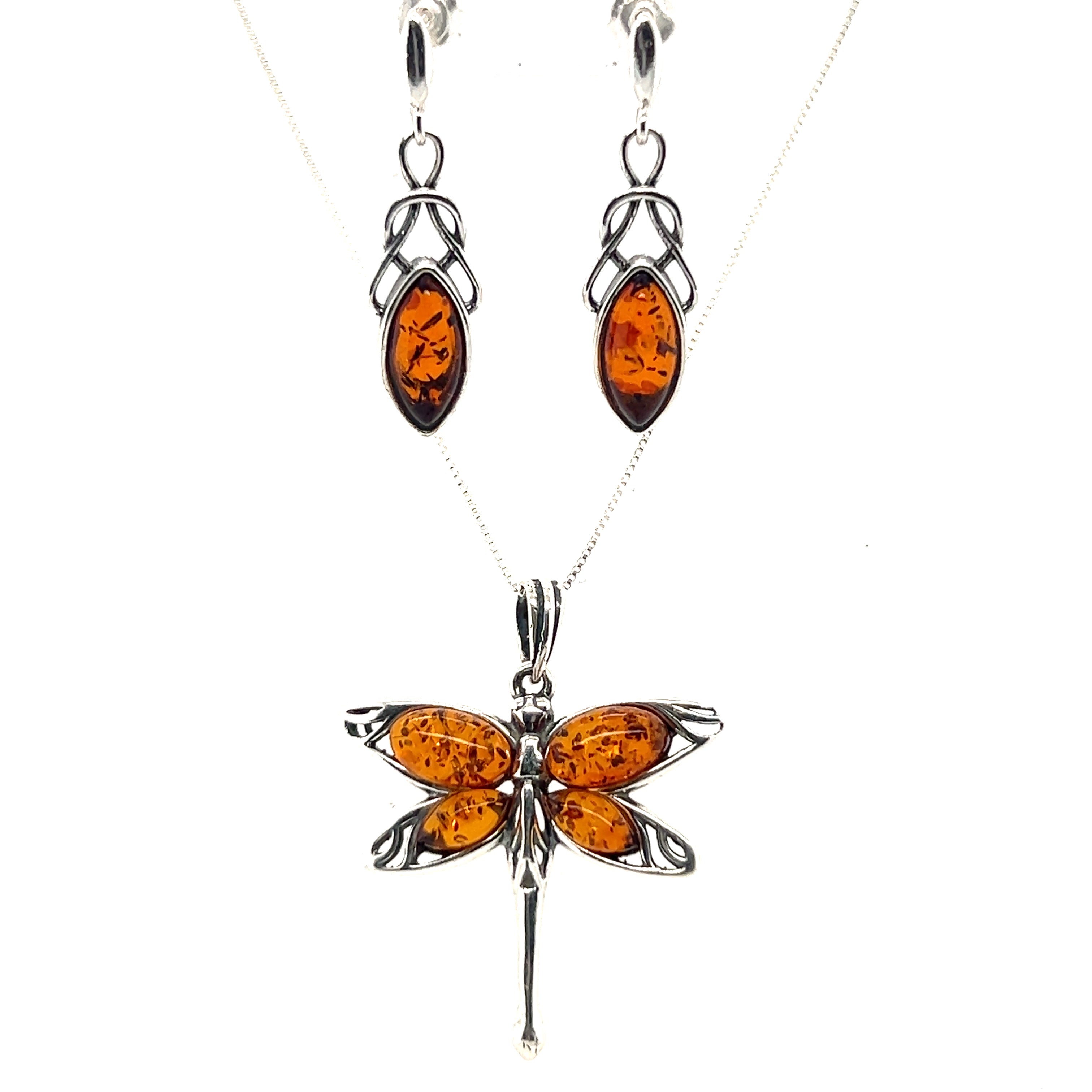Super Silver Baltic amber dragonfly pendant and earring set made of a healing stone.