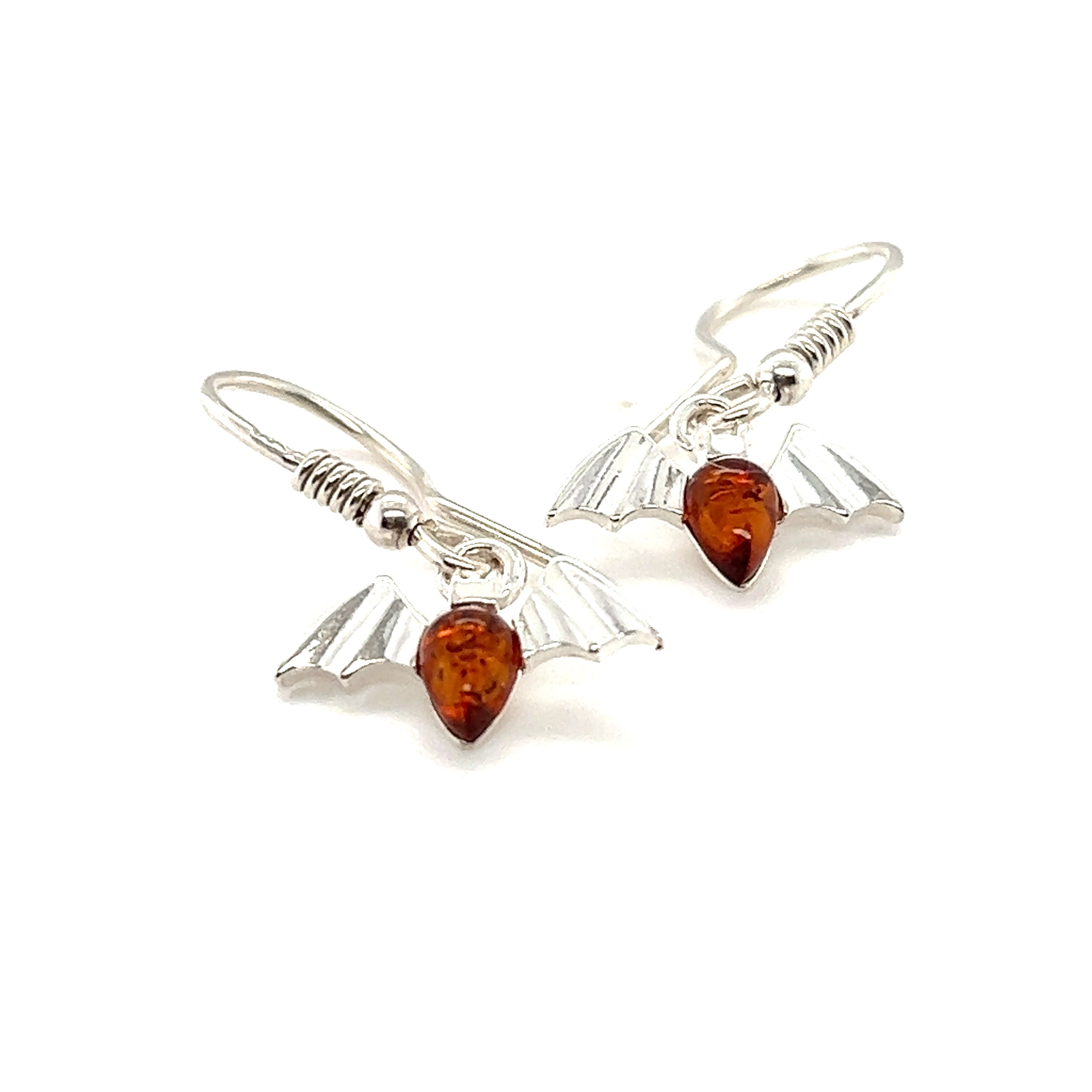 A pair of Enchanting Baltic Amber Bat Earrings with Super Silver.