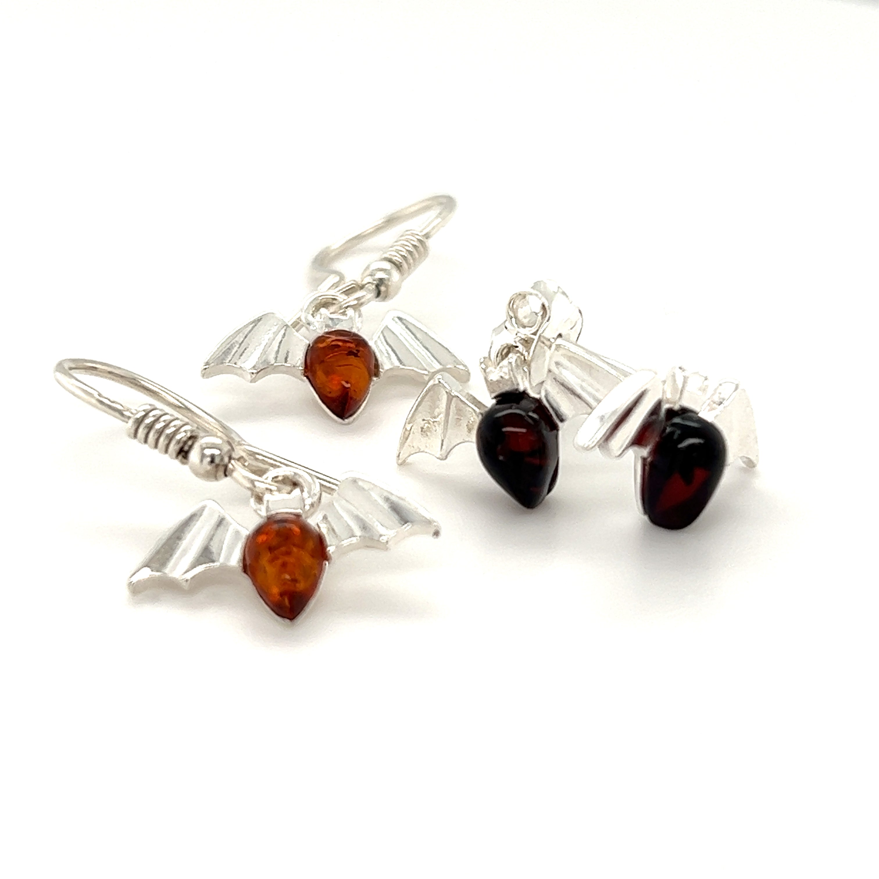 Enchanting Baltic Amber Bat Stud Earrings in cherry colors by Super Silver.