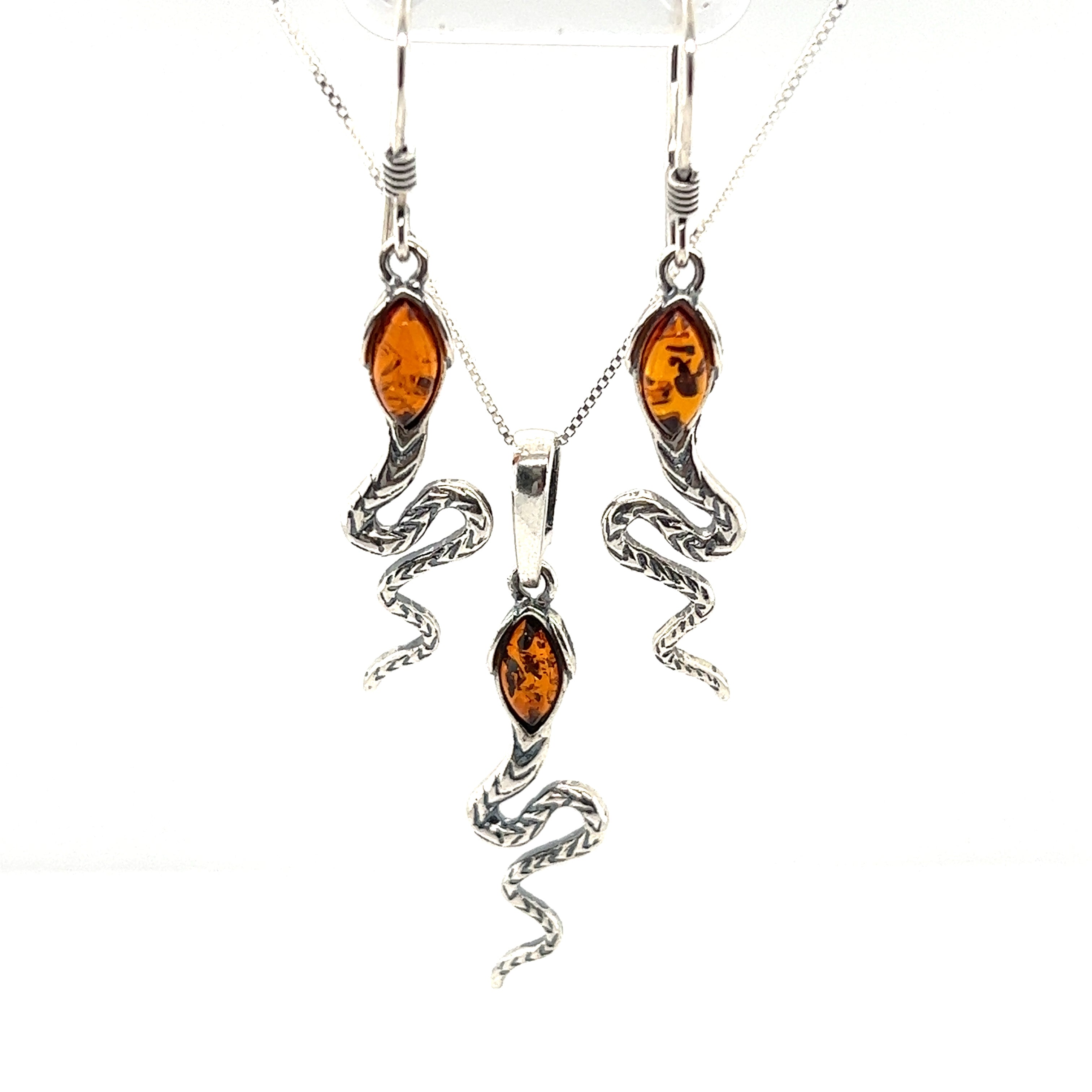 Alluring Amber Snake Pendant necklace and earrings set featuring .925 Sterling Silver accents, by Super Silver.