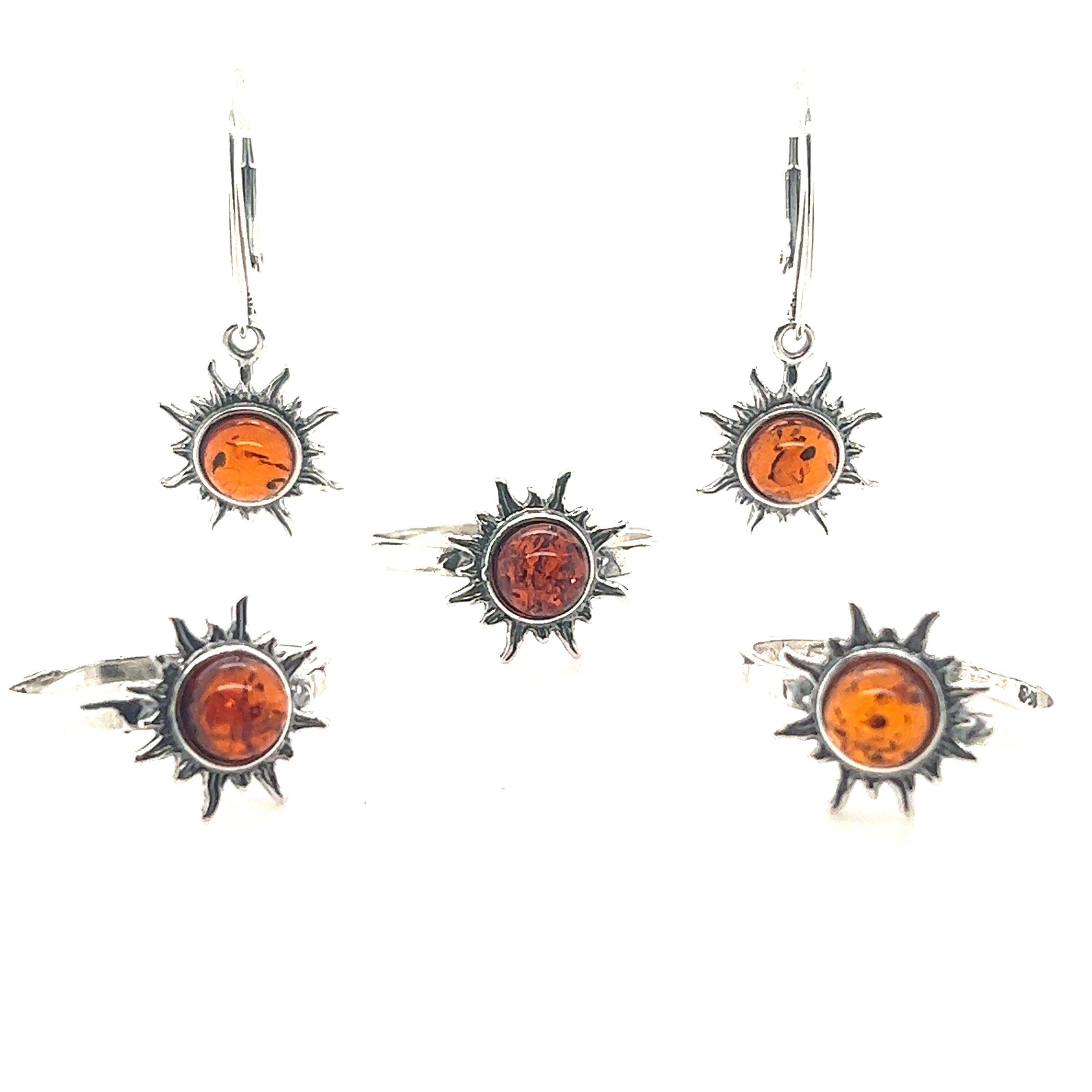 A set of Brilliant Baltic Amber Sun Earrings and a ring with Baltic amber, a healing stone, by Super Silver.