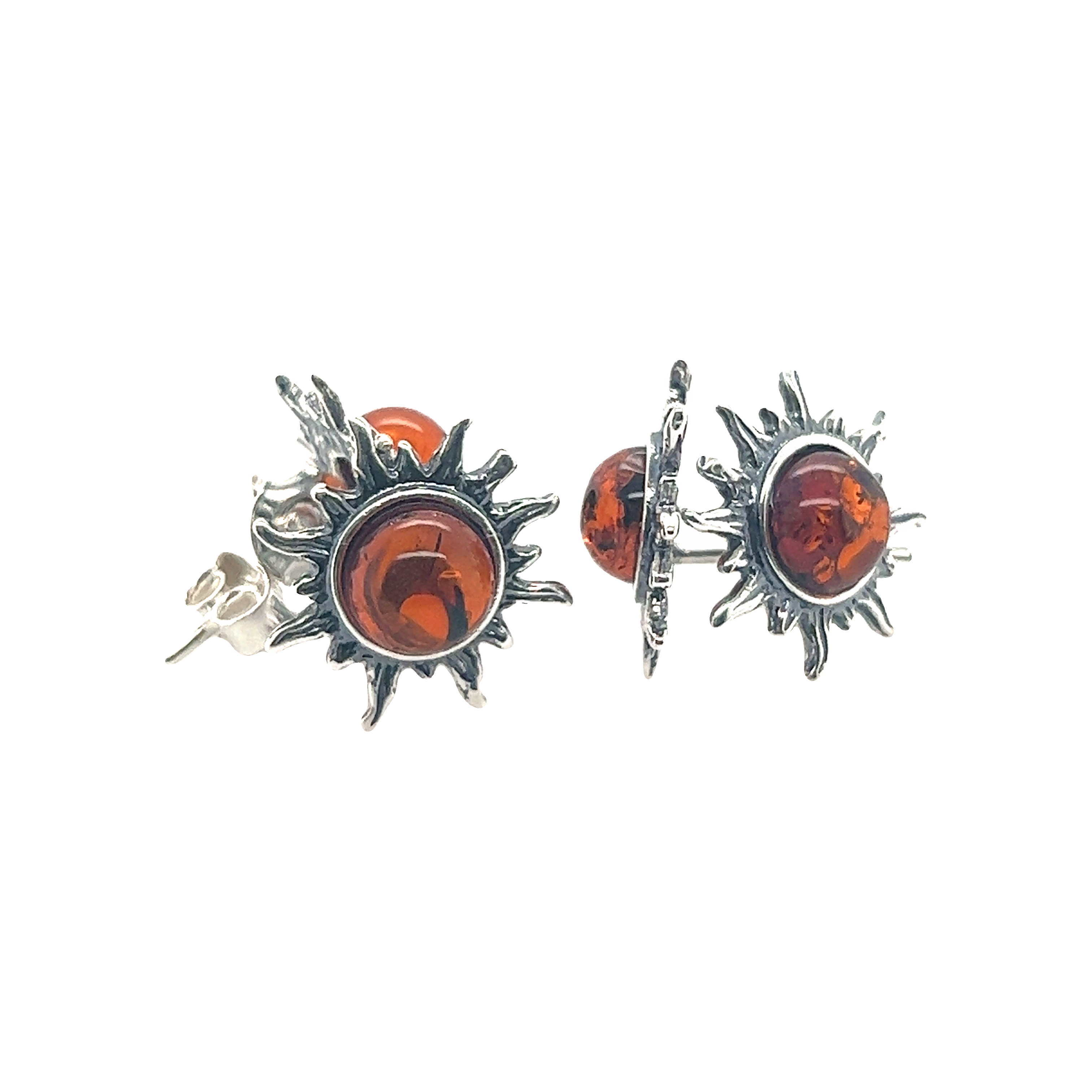 A pair of Super Silver Brilliant Amber Sun Stud Earrings on a white background.