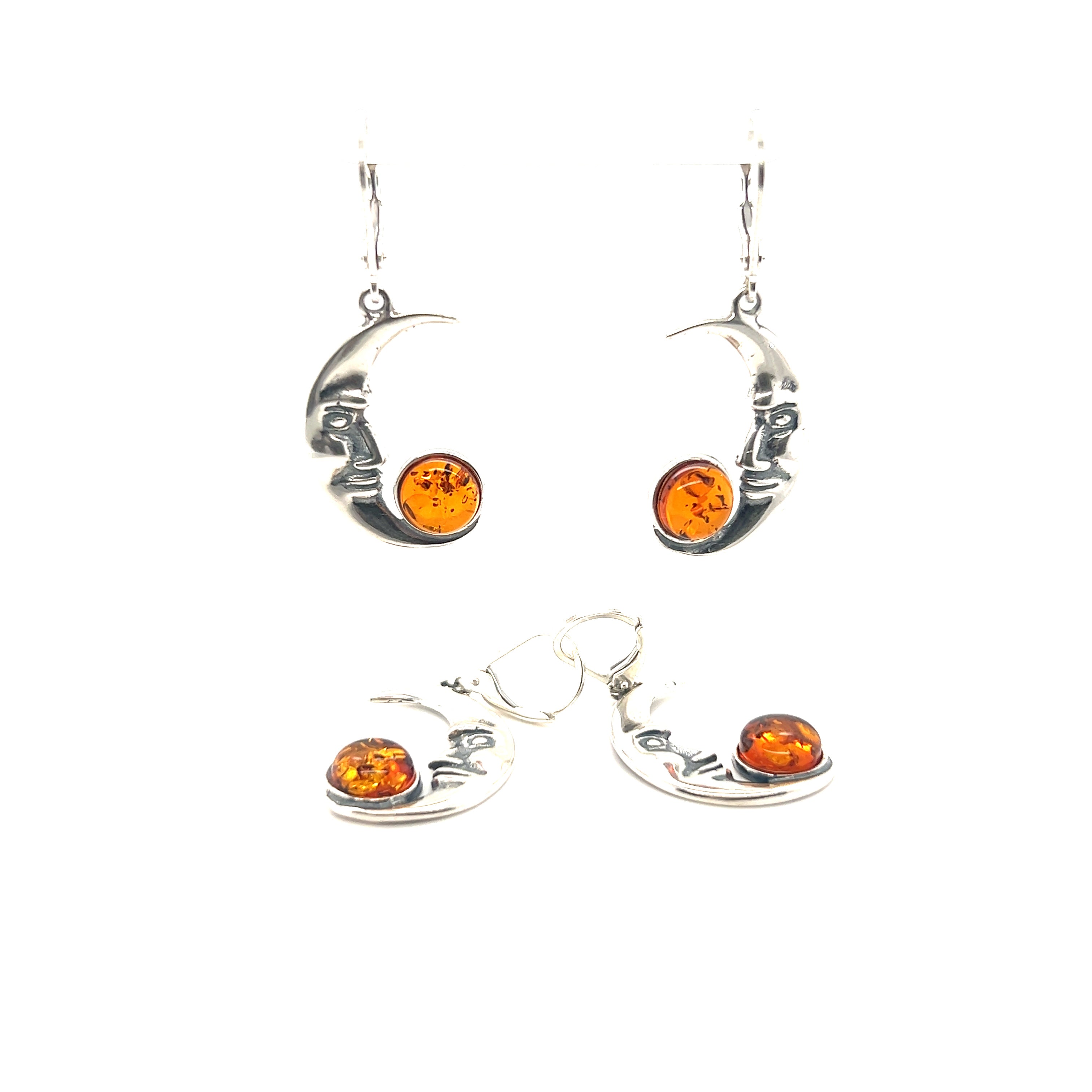 Super Silver Amber Man-in-the-Moon Earrings with a delicate crescent moon design.
