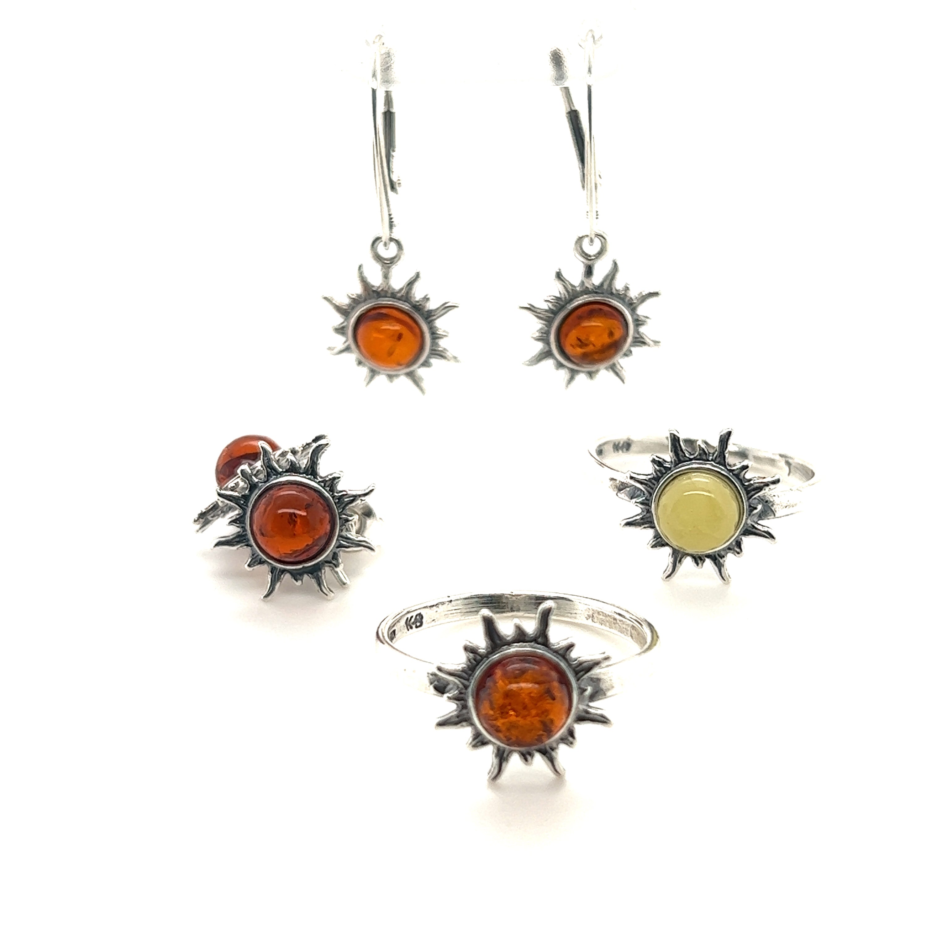 This Super Silver product description features a stunning pair of Brilliant Dainty Amber Sun Rings adorned with enchanting amber gemstones.