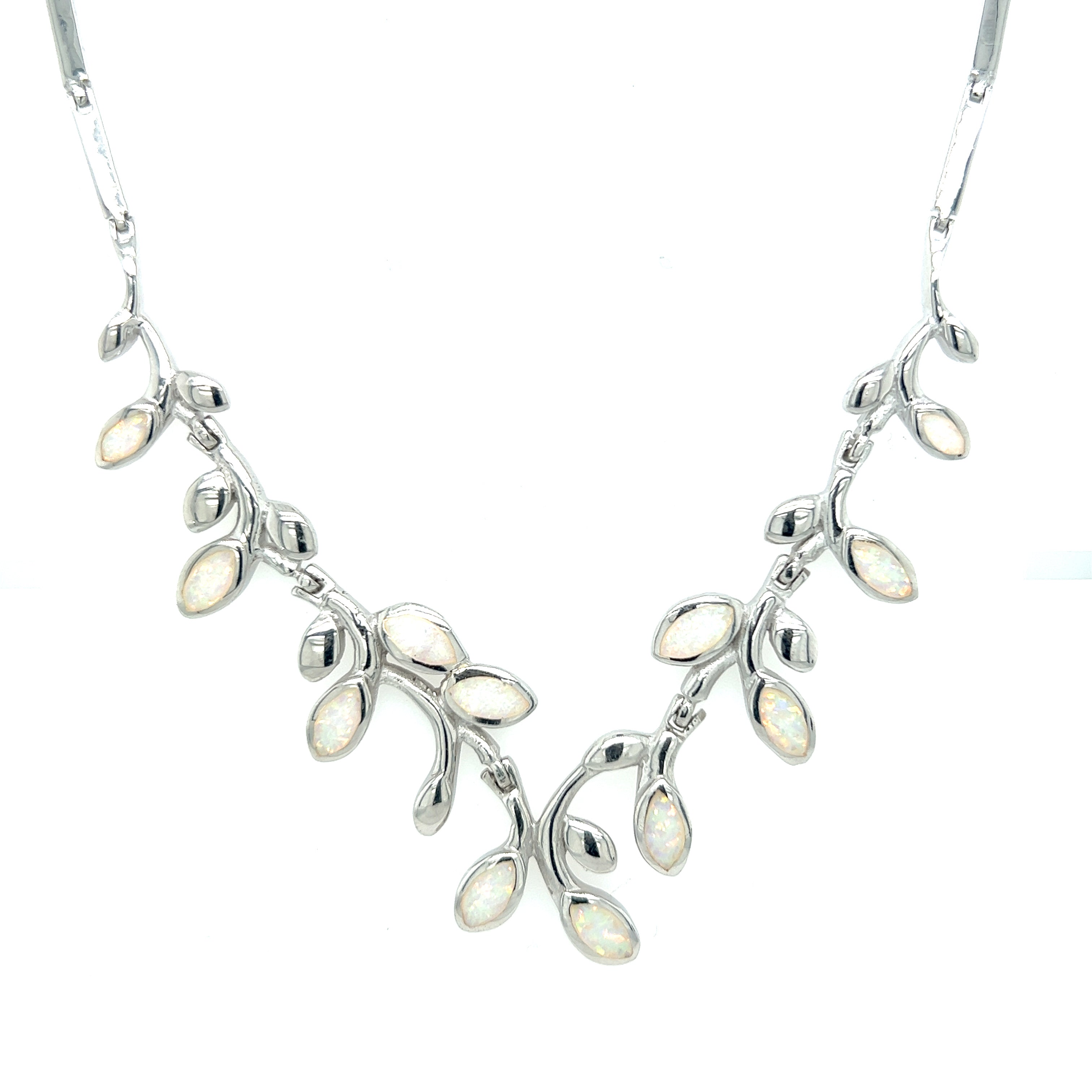A Super Silver elegant opal vine necklace featuring opal stones and delicate silver leaves.