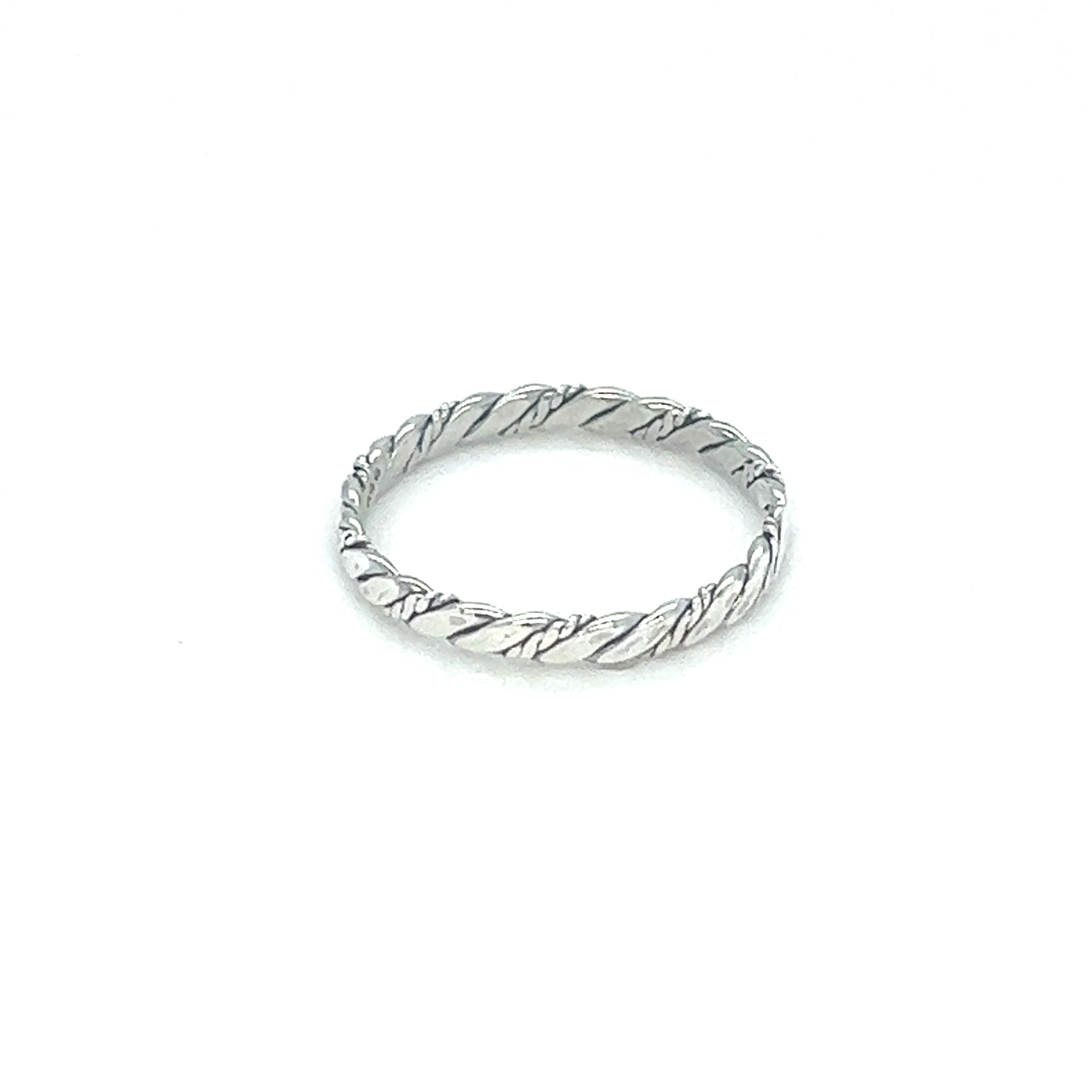 A Super Silver Dainty Twisted Rope Band Ring with a vintage vibe and twisted pattern.