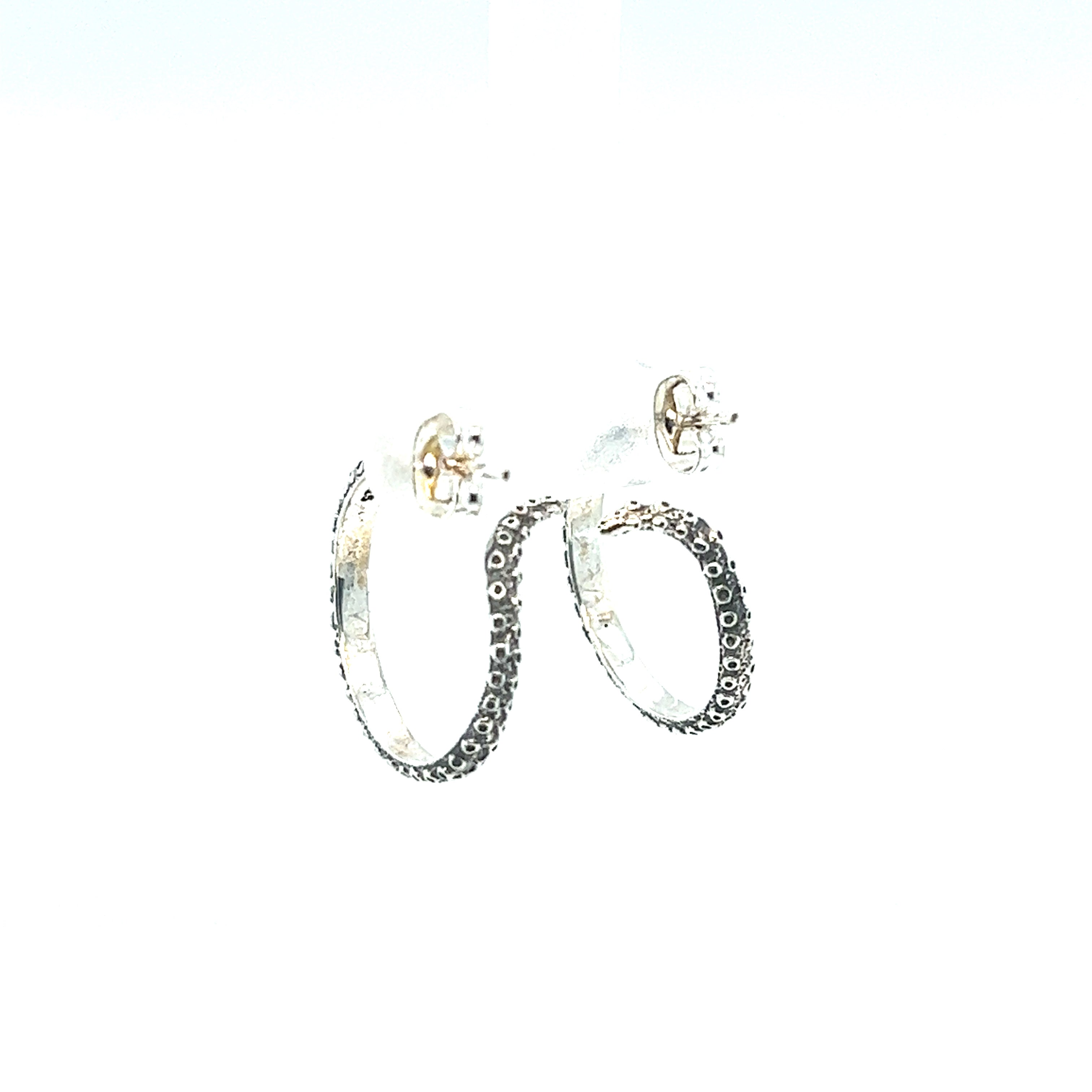 A pair of Super Silver Handcrafted Octopus Tentacle Hoops with black diamonds and an oxidized finish.