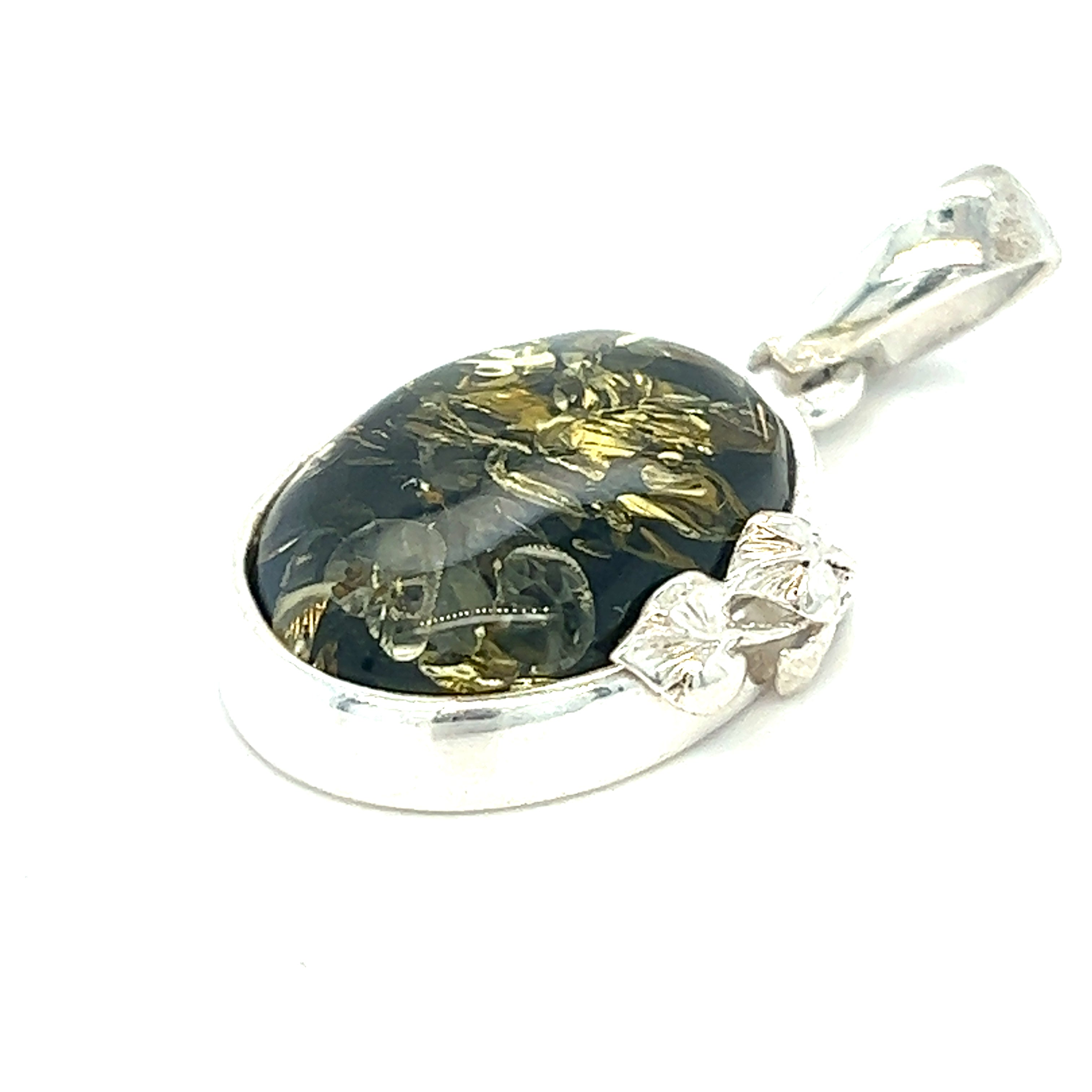 A Super Silver Green Amber Oval Pendant with Delicate Leaf with healing properties.