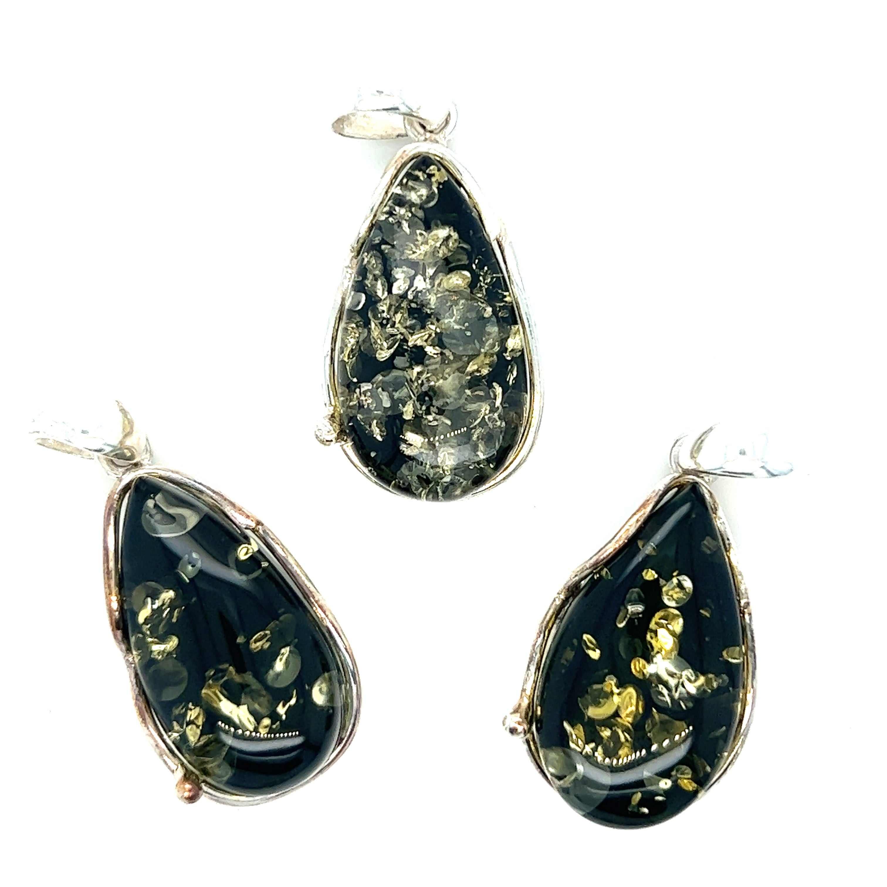 Three Large Green Amber Pendant necklaces by Super Silver on a white background.