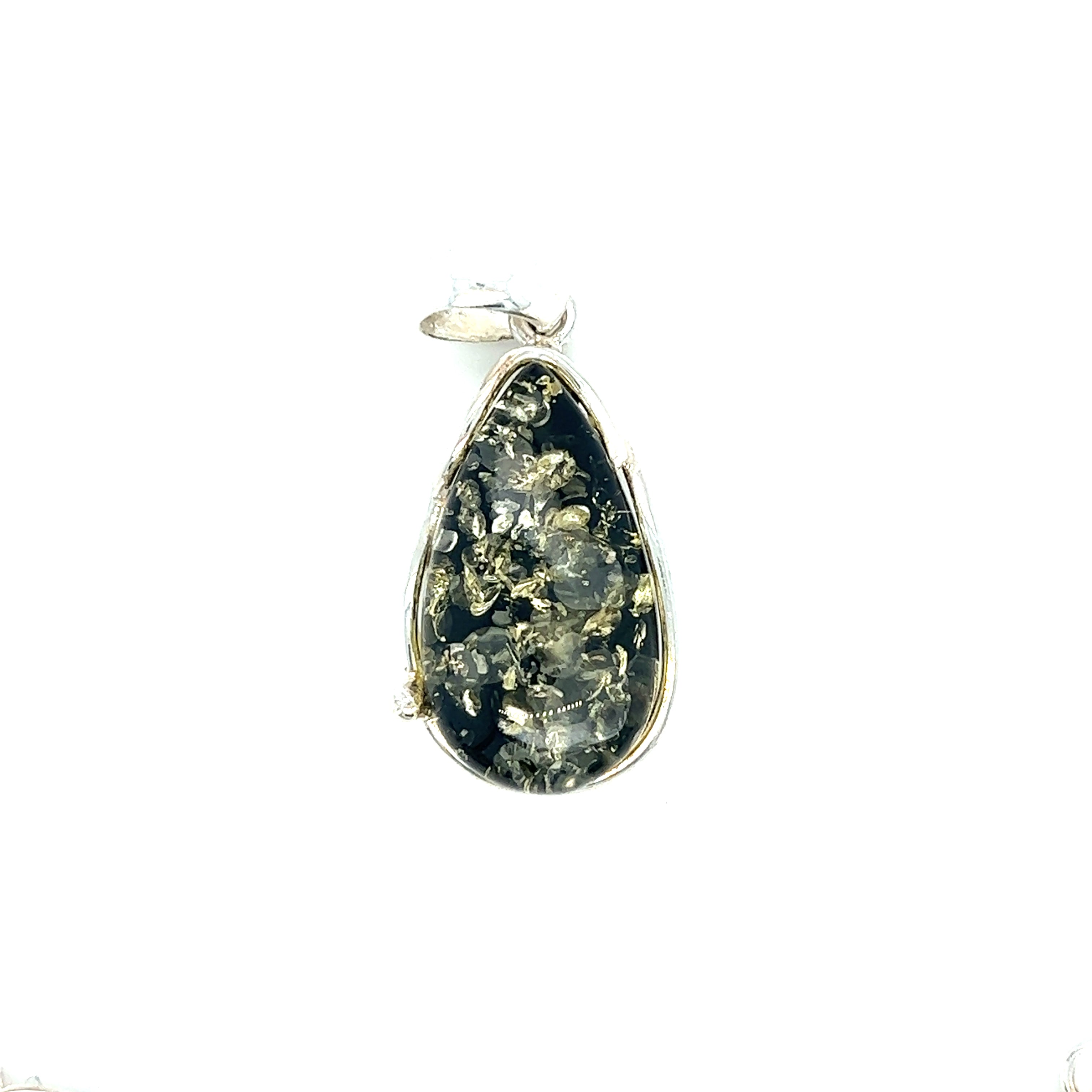 A Large Green Amber Pendant with a teardrop stone from Super Silver.