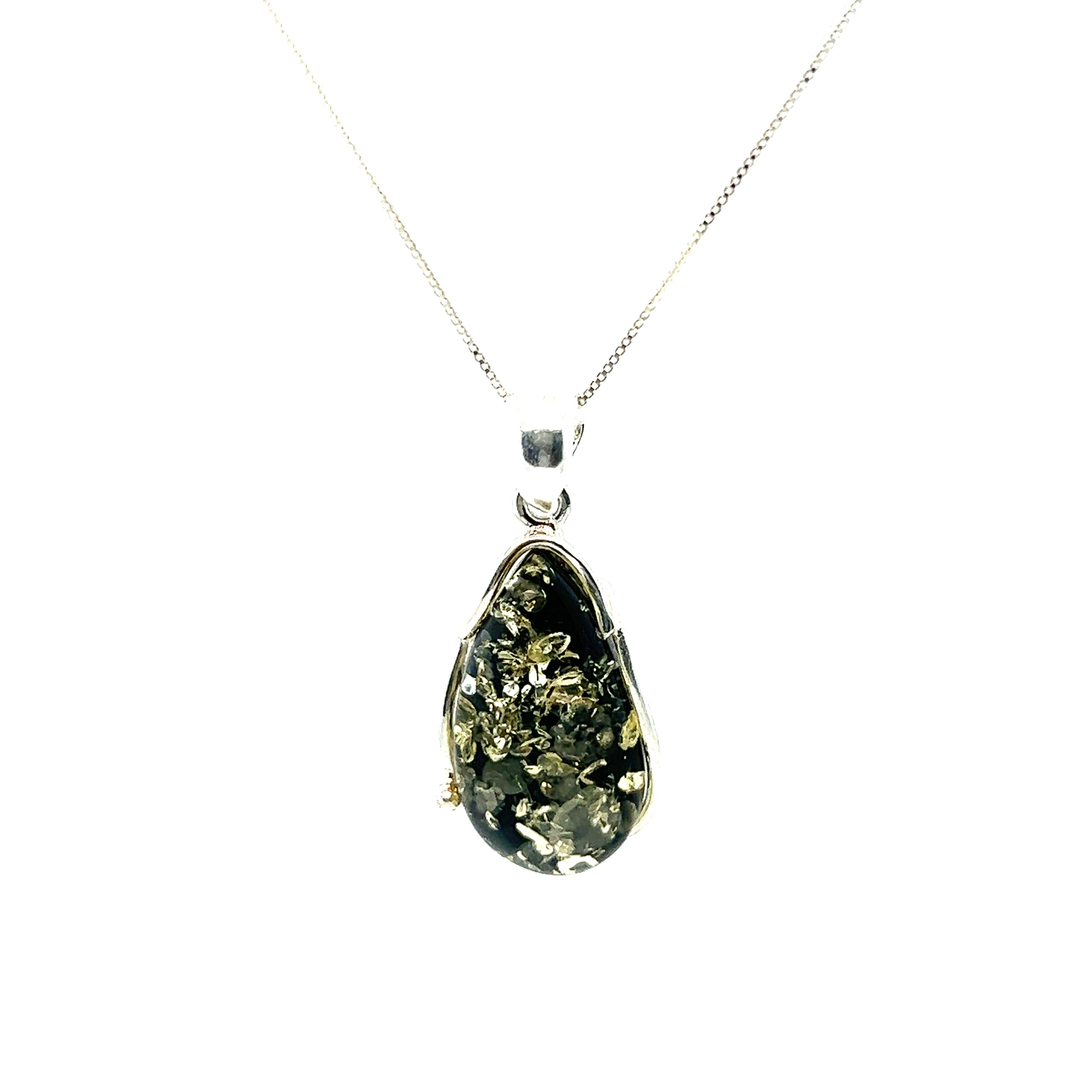 A black and yellow stone necklace with a teardrop Super Silver Large Green Amber Pendant.