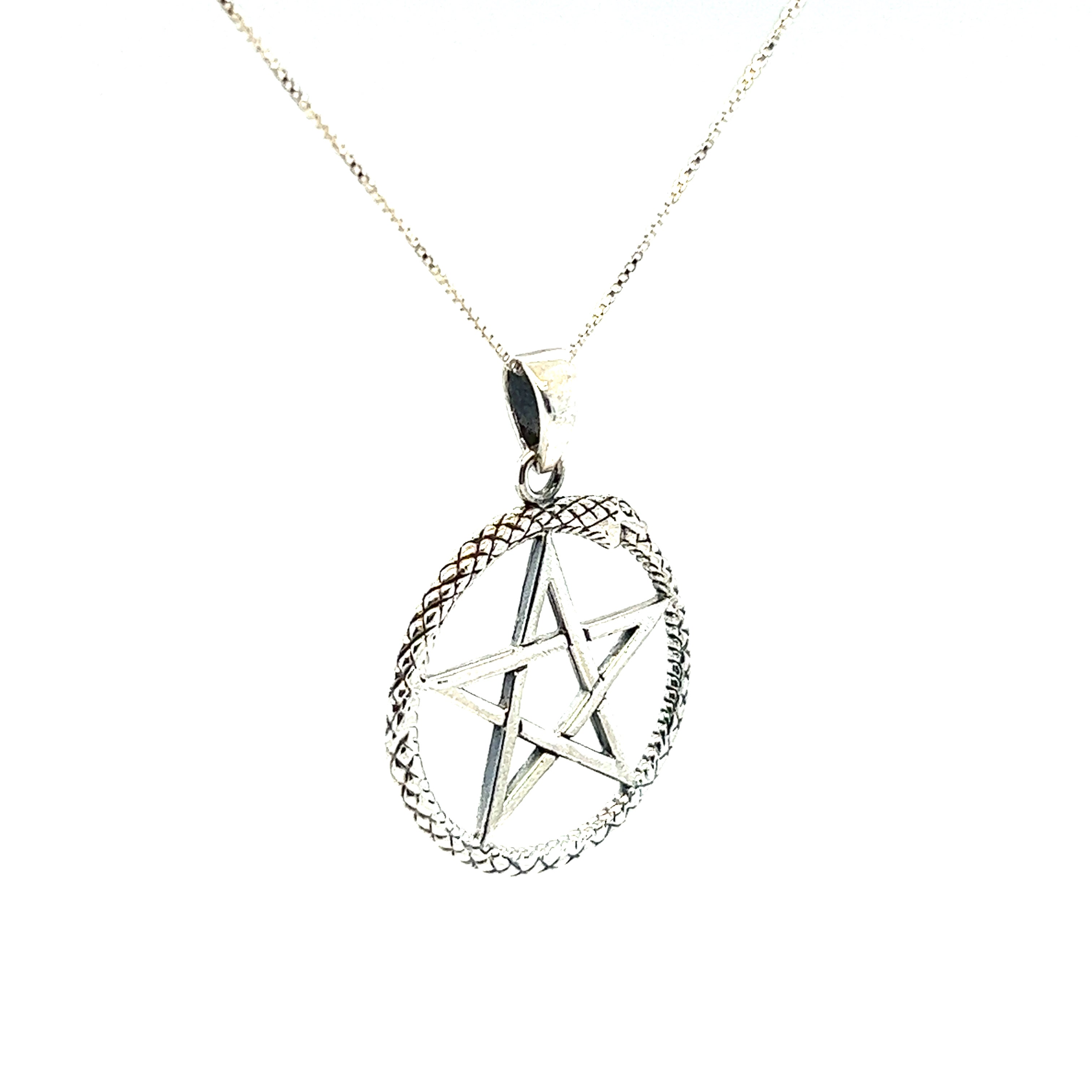 A Super Silver Pentagram Pendant with Encircling Snake Ouroboros, symbolizing mystical forces, on a white background.