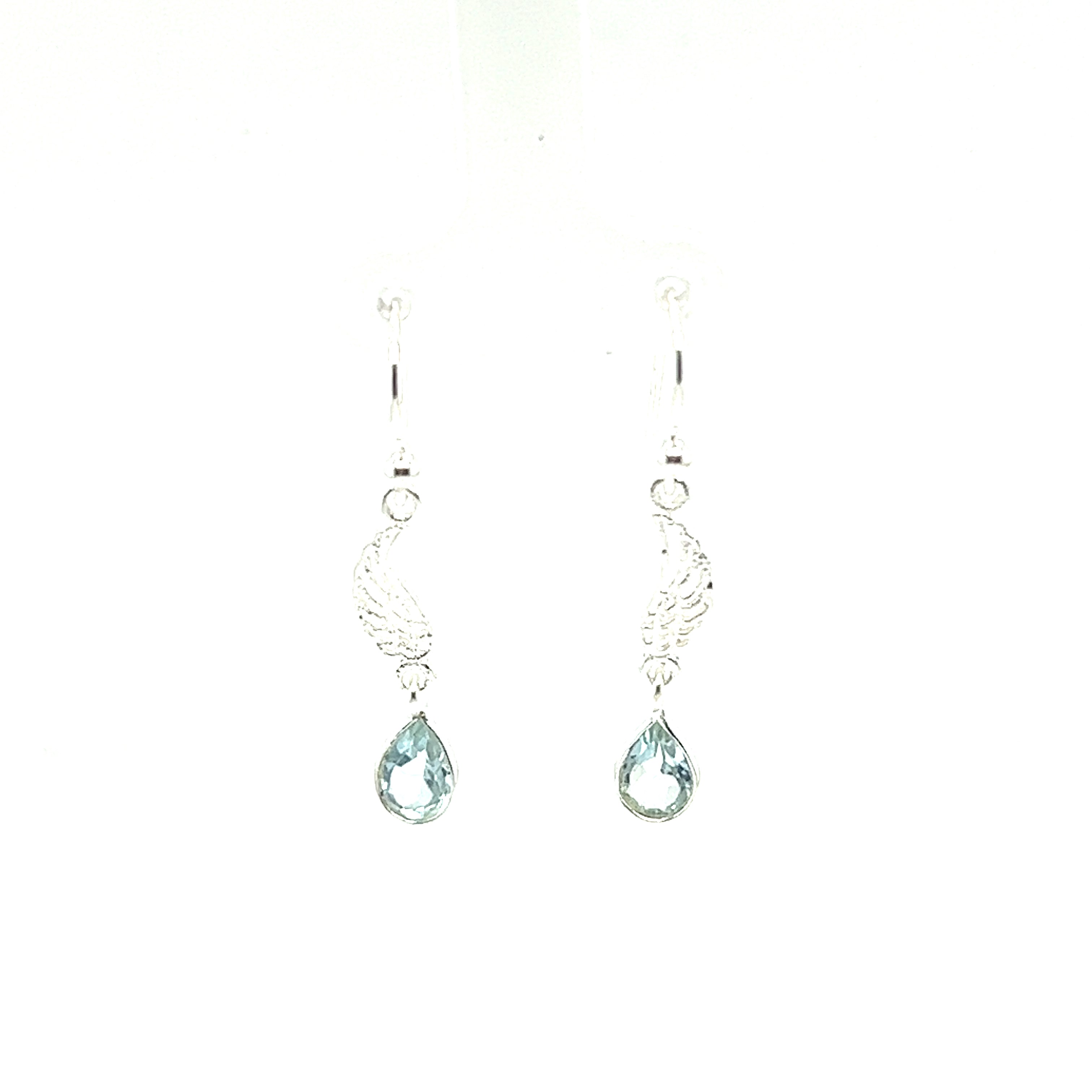 A pair of Super Silver Angel Wing Earrings with Teardrop Shaped Stone, featuring blue topaz stones, on a white background.