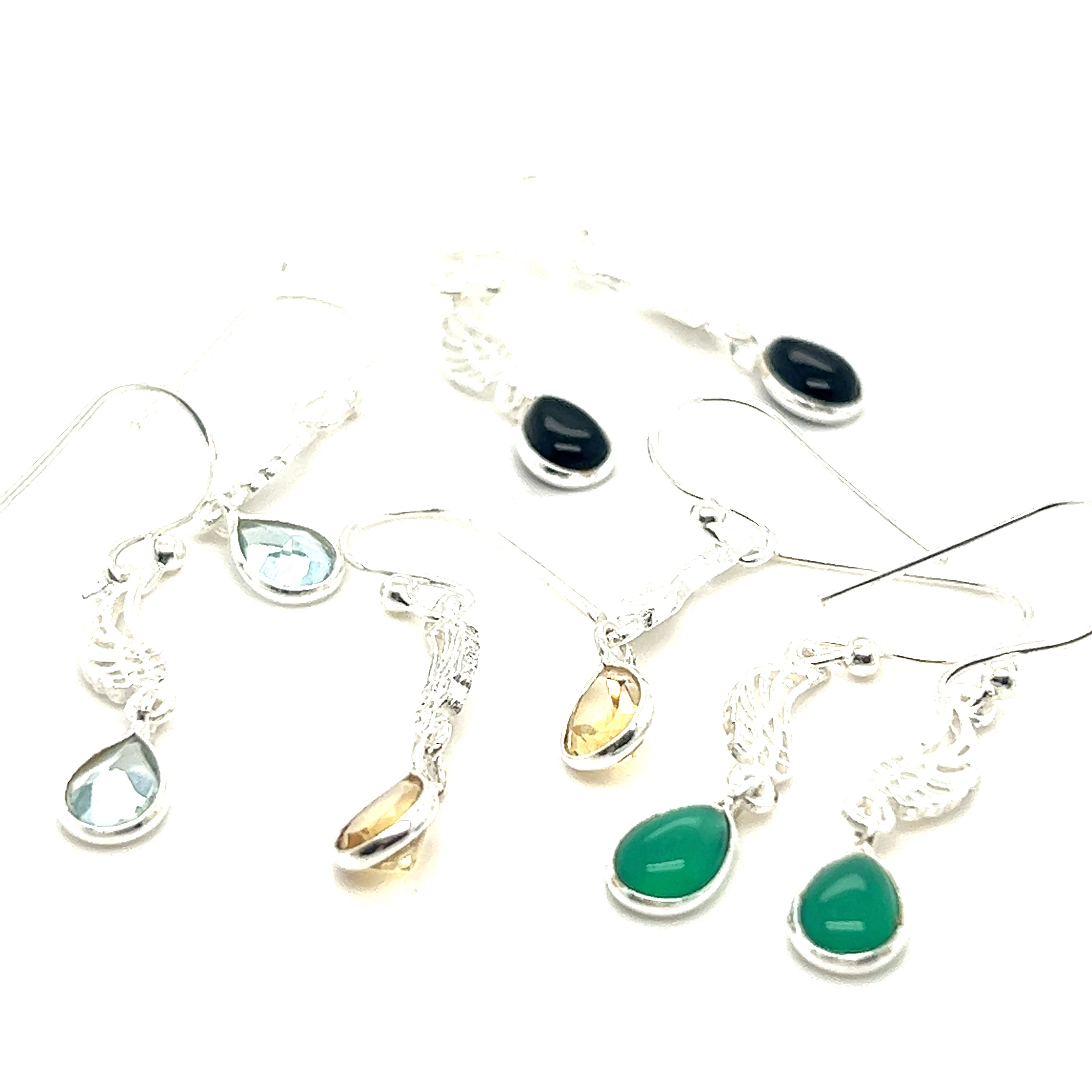 A pair of Super Silver angel wing earrings with teardrop-shaped stones in green and blue.