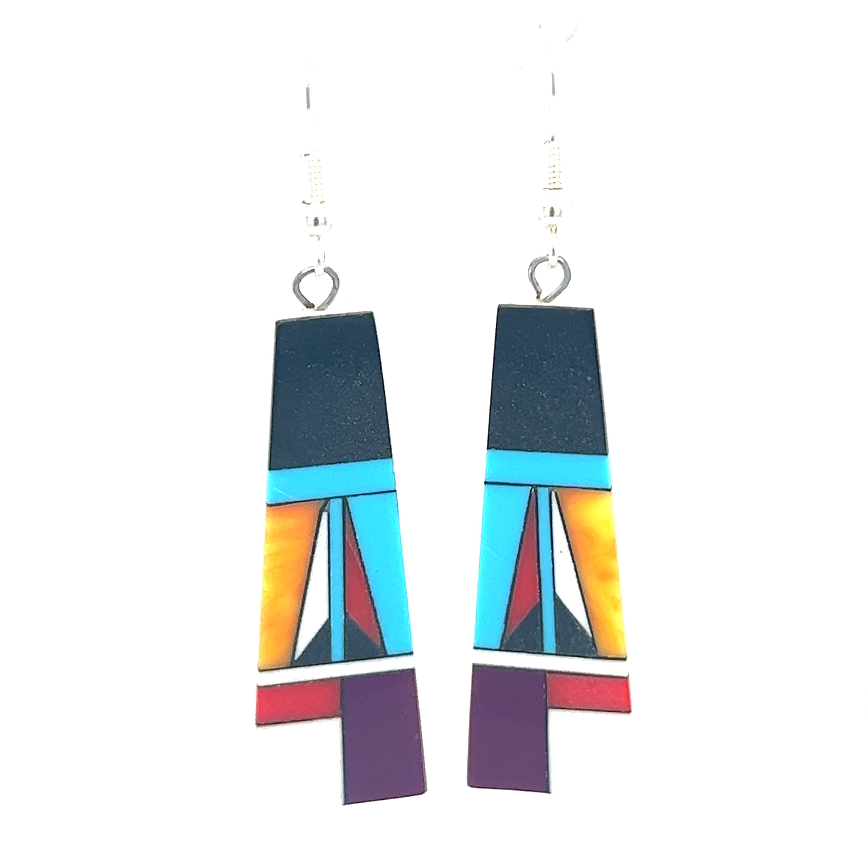 Super Silver's Native American Designed Inlaid Trapezoid Earrings with colorful designs and turquoise accents.