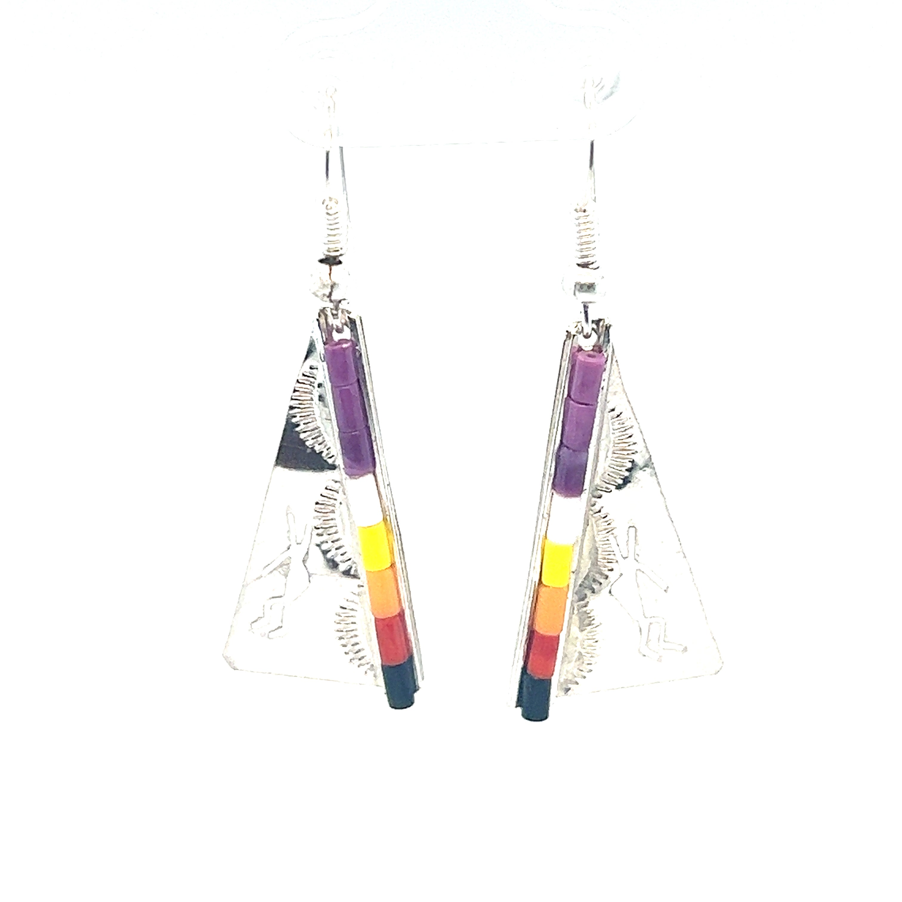 A pair of Super Silver Native Triangular Earrings with Dancing Kokopelli.