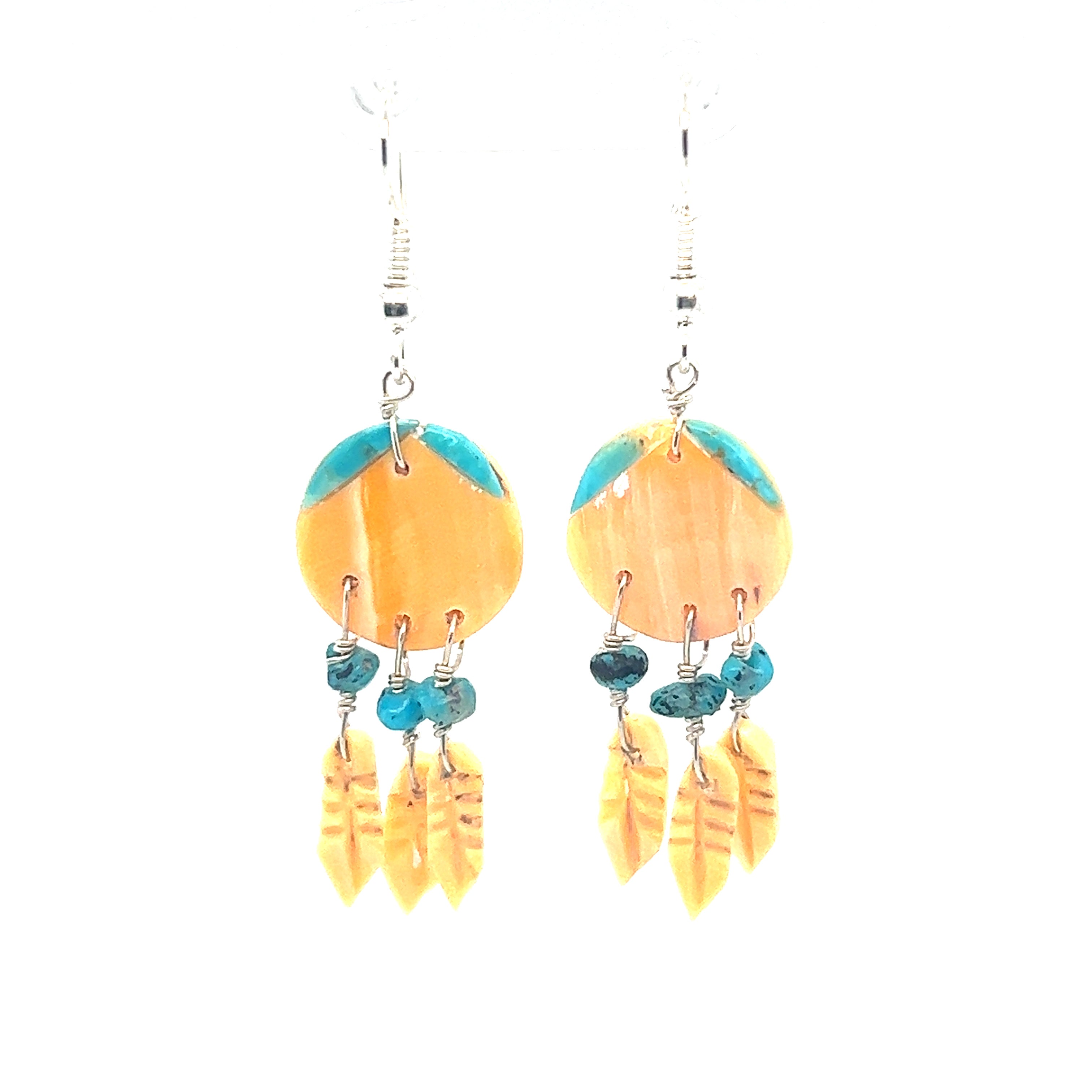 A pair of Super Silver Handmade Earrings with 3 Small Stone Feathers, crafted by Native American artisans.