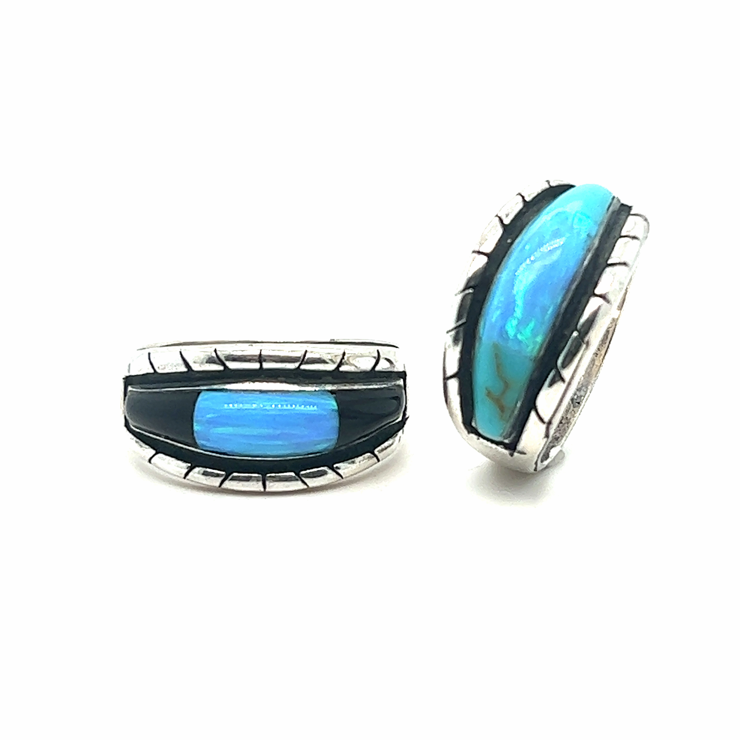 A pair of Super Silver American Made Opal Inlay Rings with blue opal and turquoise accents.